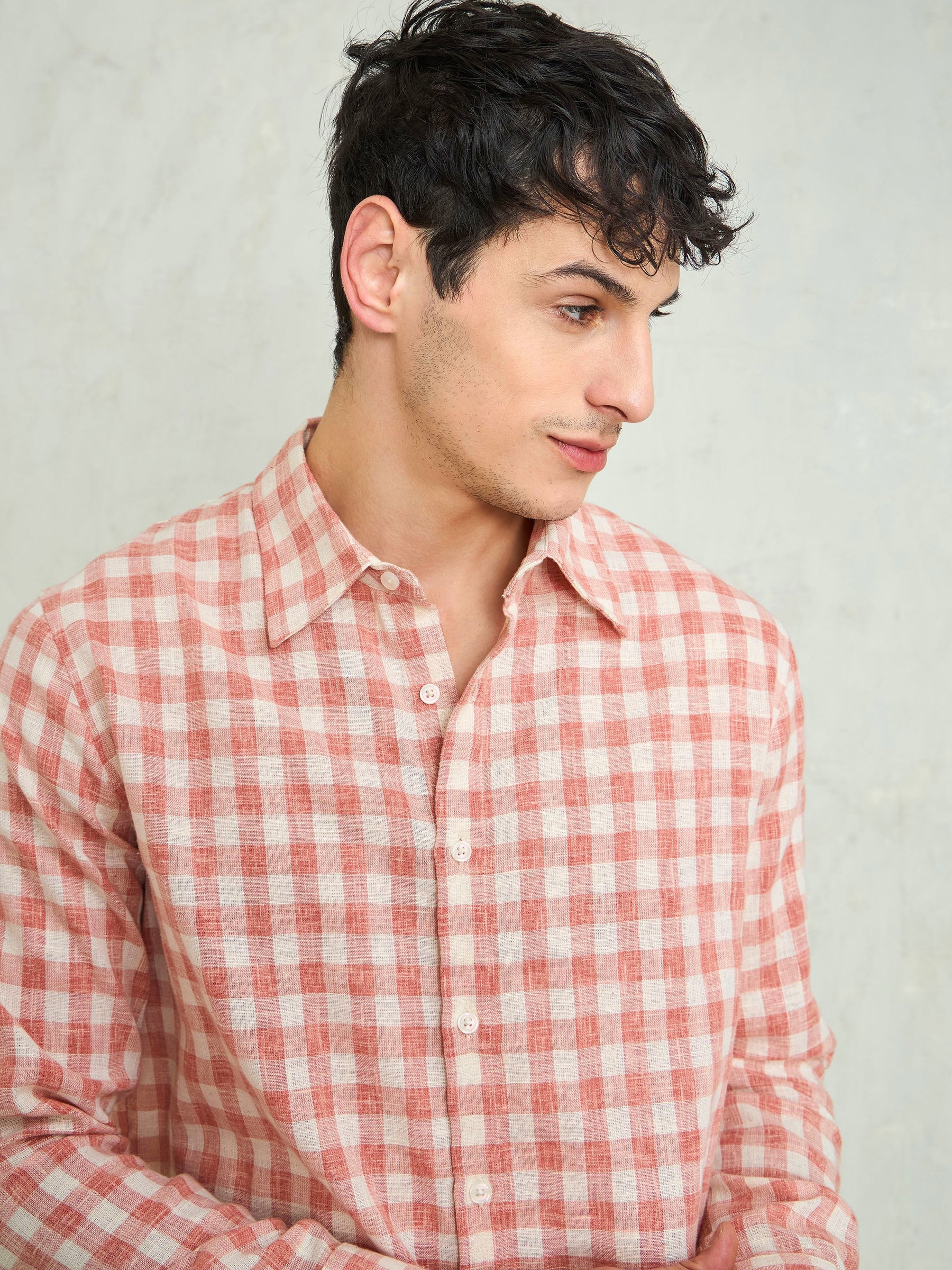 Beige & Pink Cotton Check Relax Fit Shirt-MASCLN SASSAFRAS