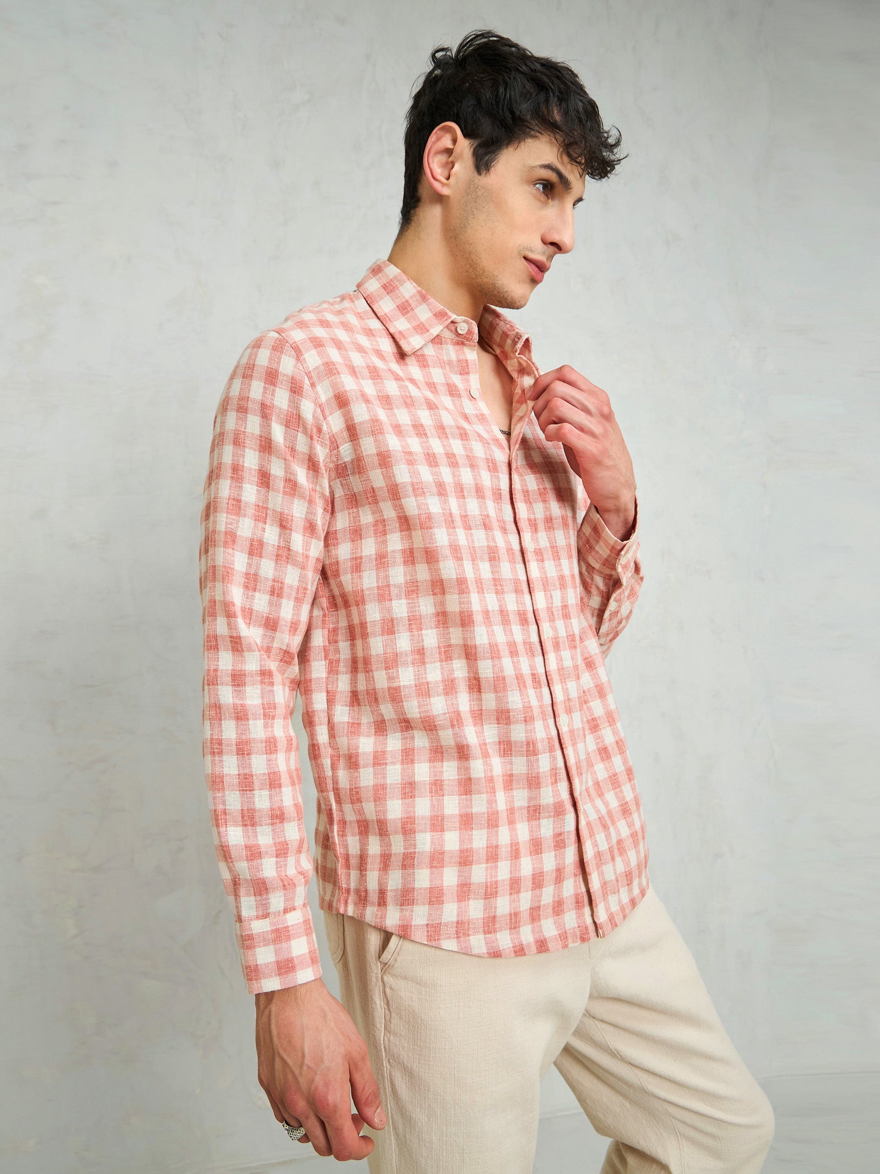 Beige & Pink Cotton Check Relax Fit Shirt-MASCLN SASSAFRAS