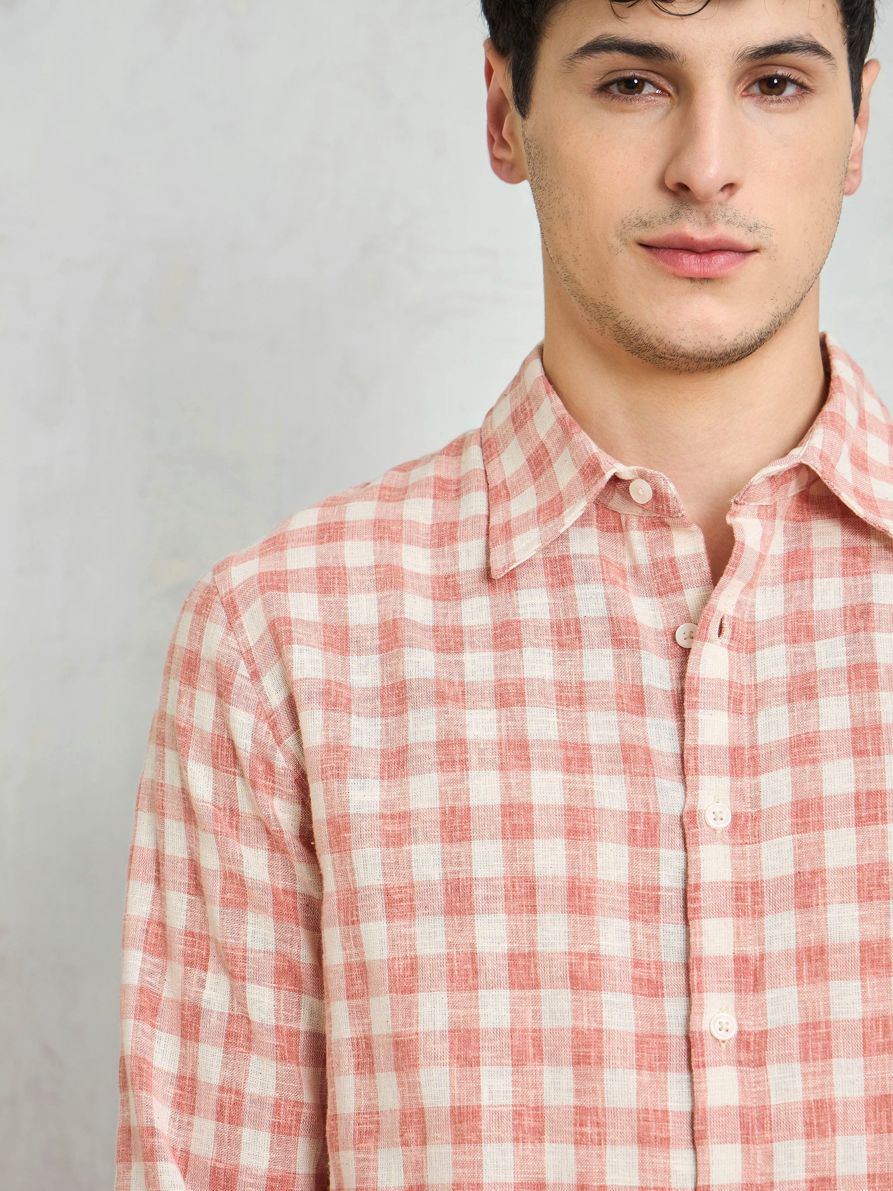 Beige & Pink Cotton Check Relax Fit Shirt-MASCLN SASSAFRAS