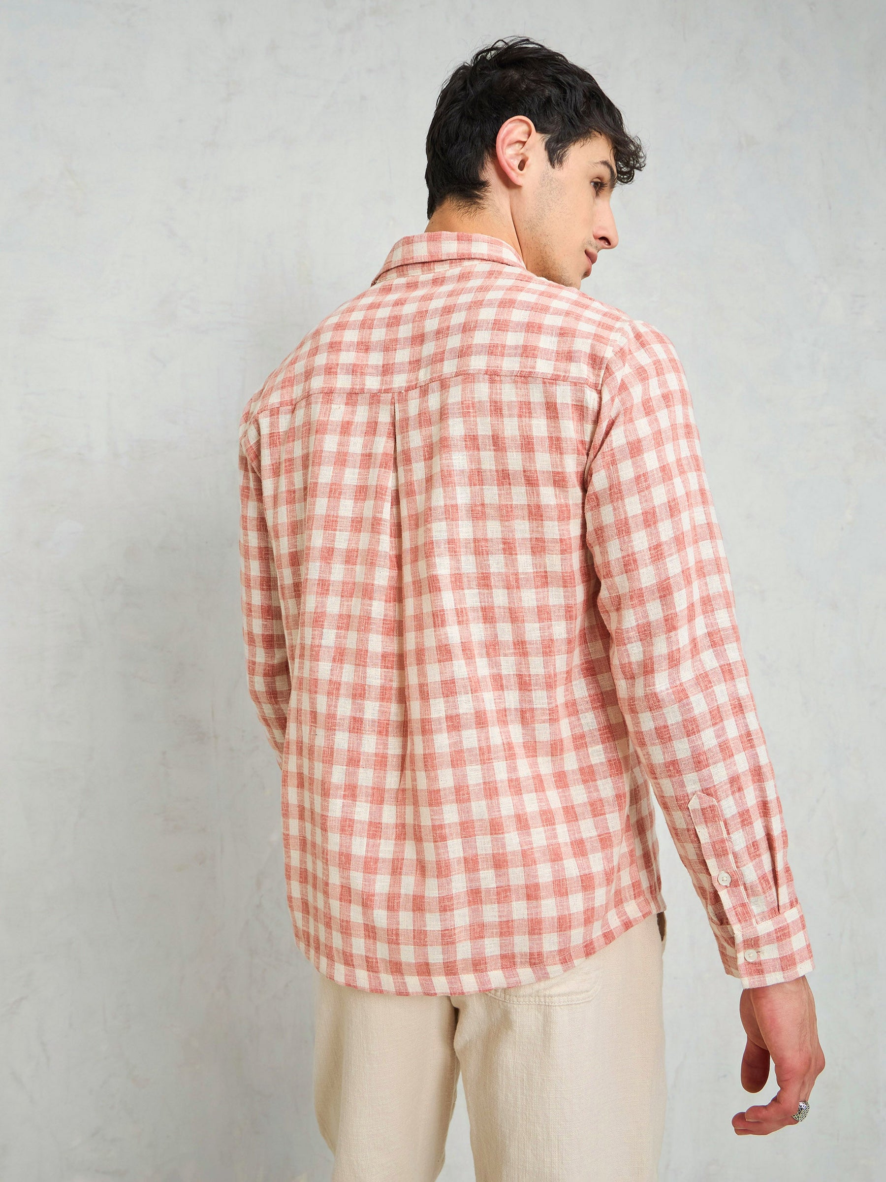 Beige & Pink Cotton Check Relax Fit Shirt-MASCLN SASSAFRAS