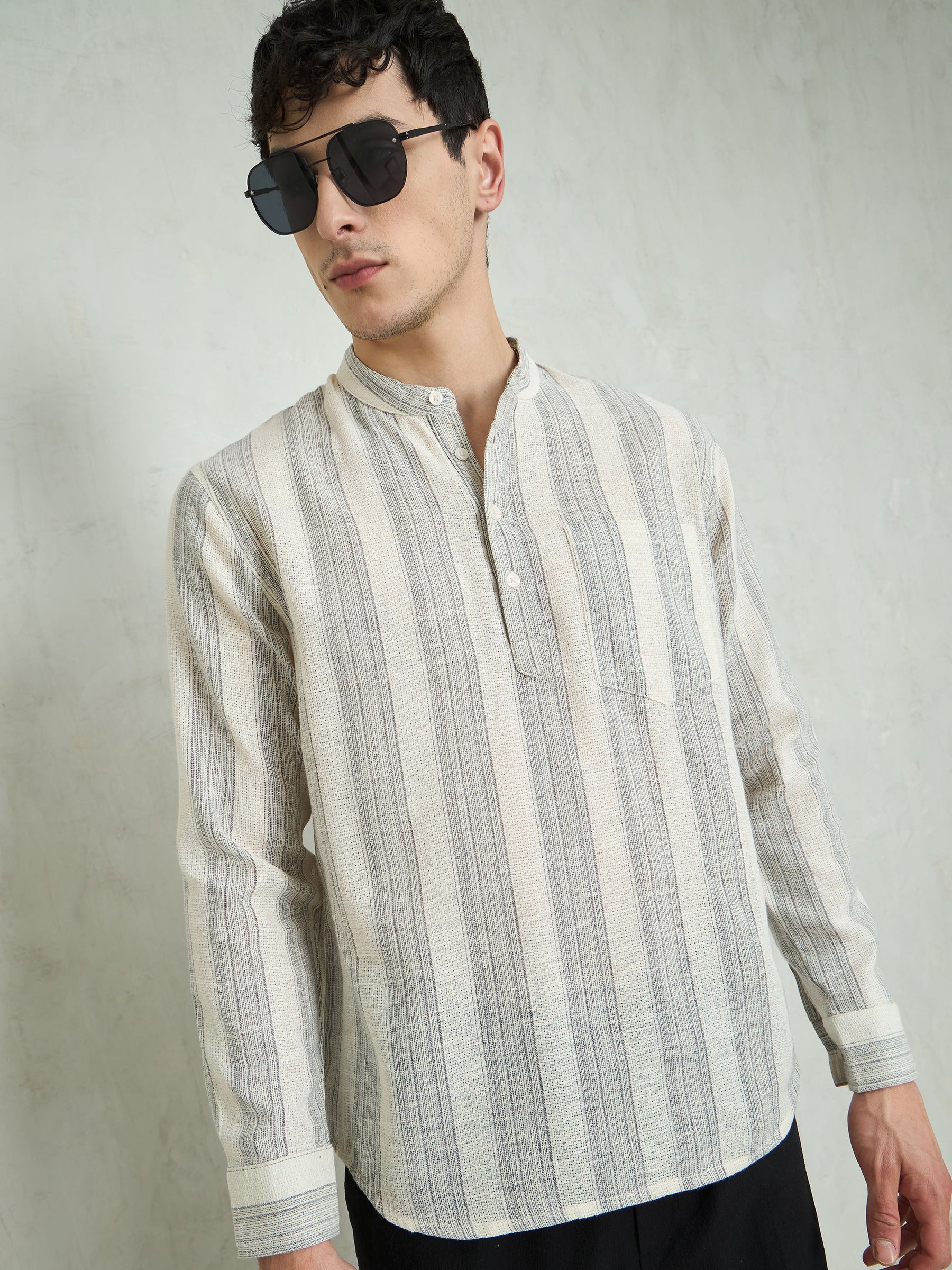 Beige & Grey Cotton Relax Fit Kurta Shirt-MASCLN SASSAFRAS