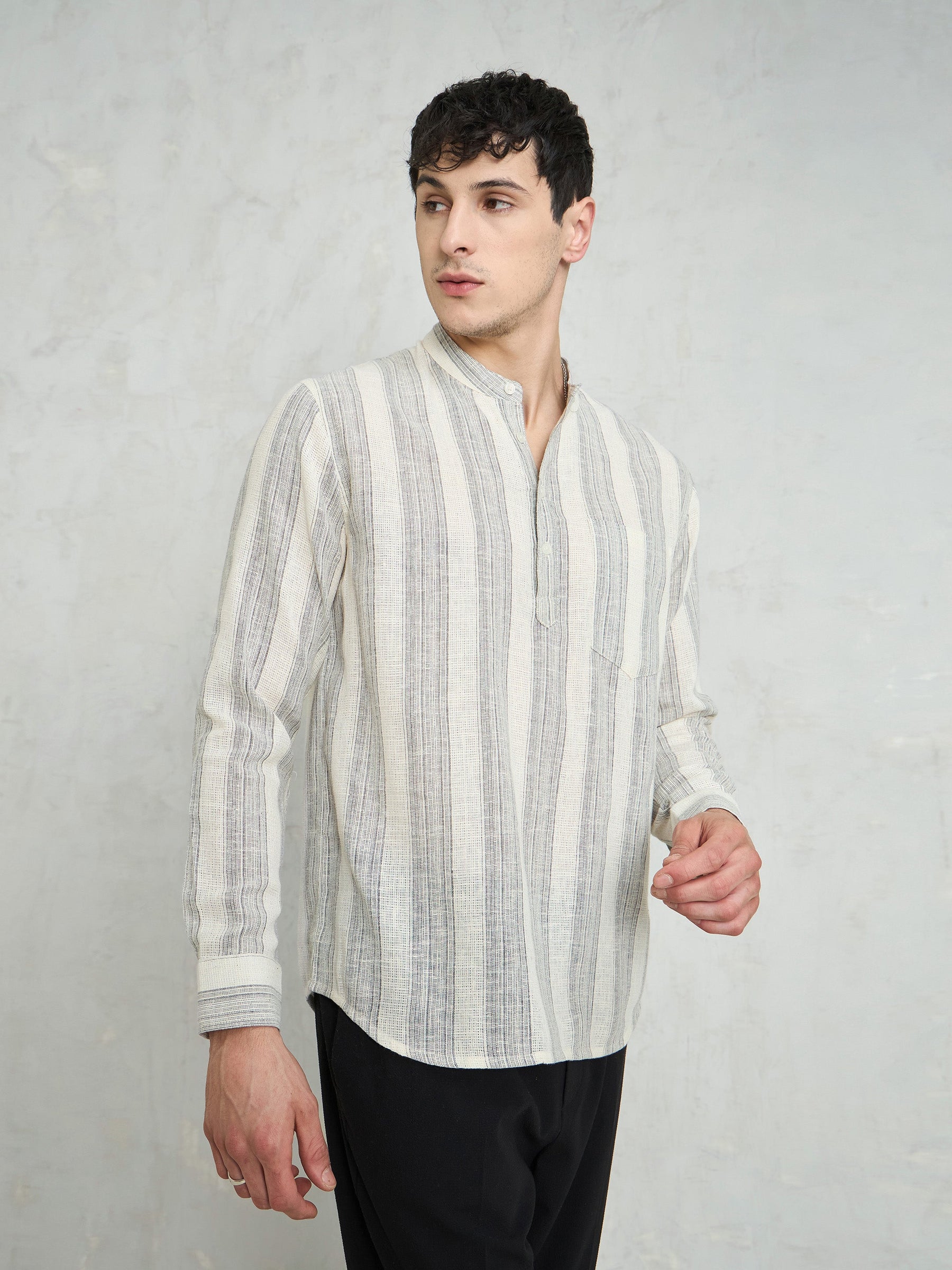 Beige & Grey Cotton Relax Fit Kurta Shirt-MASCLN SASSAFRAS