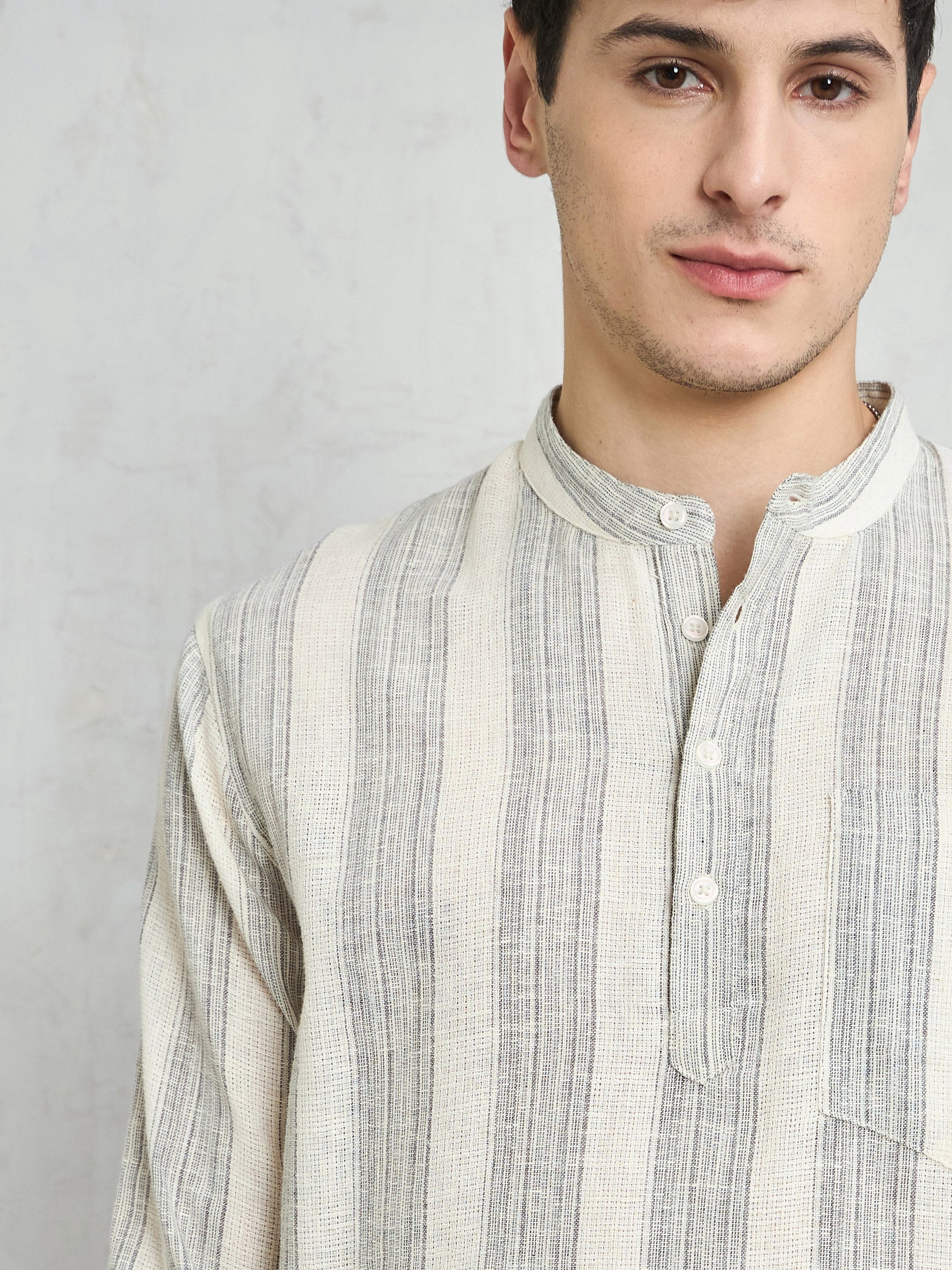 Beige & Grey Cotton Relax Fit Kurta Shirt-MASCLN SASSAFRAS