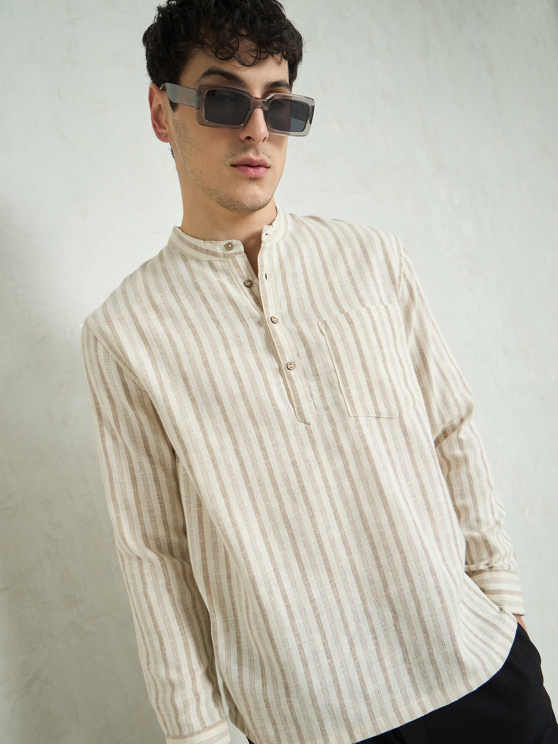 Beige & Brown Stripes Relax Fit Kurta Shirt-MASCLN SASSAFRAS