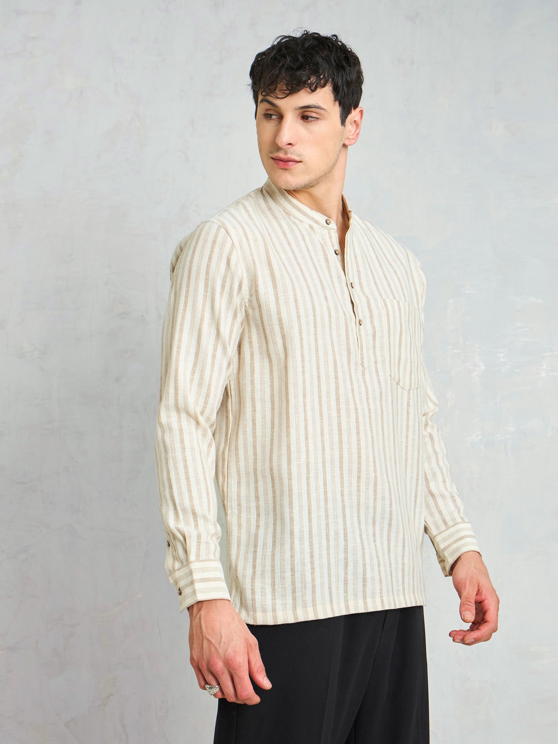 Beige & Brown Stripes Relax Fit Kurta Shirt-MASCLN SASSAFRAS