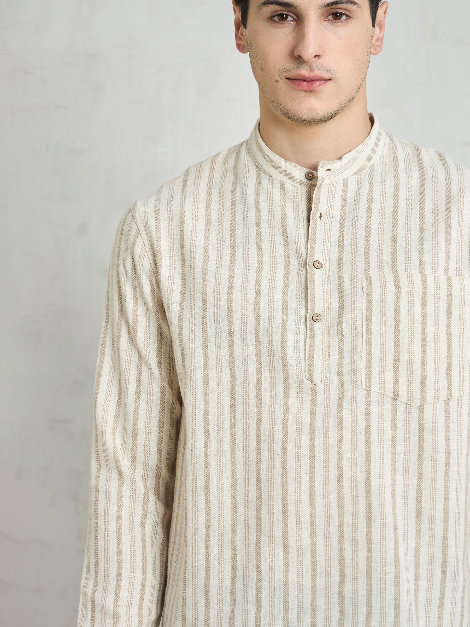 Beige & Brown Stripes Relax Fit Kurta Shirt-MASCLN SASSAFRAS