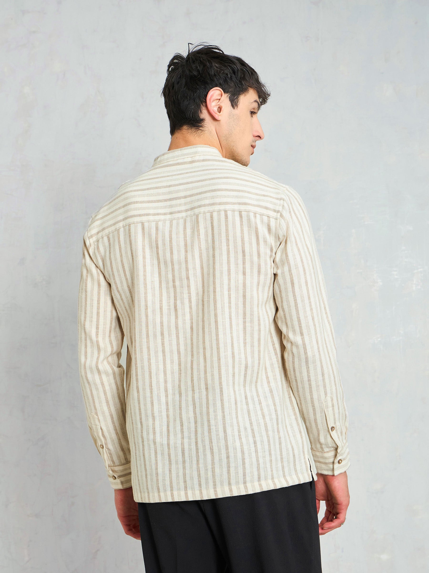 Beige & Brown Stripes Relax Fit Kurta Shirt-MASCLN SASSAFRAS