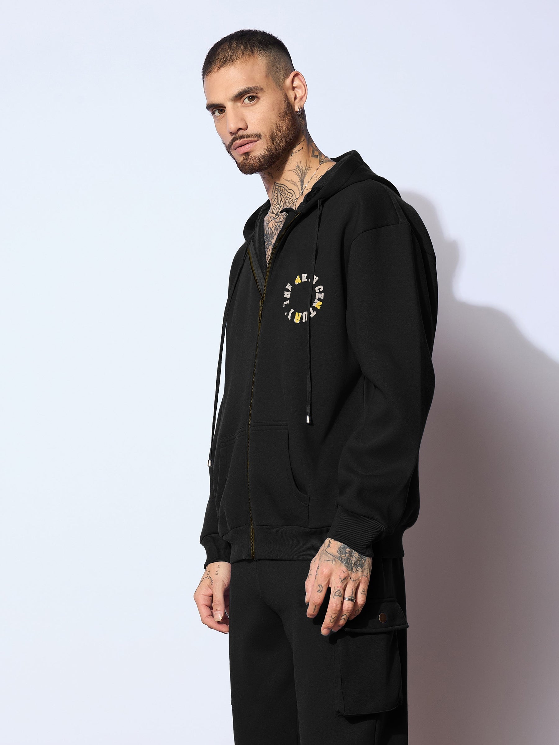 Black CENTURY Oversized Zipper Hoodie-MASCLN SASSAFRAS