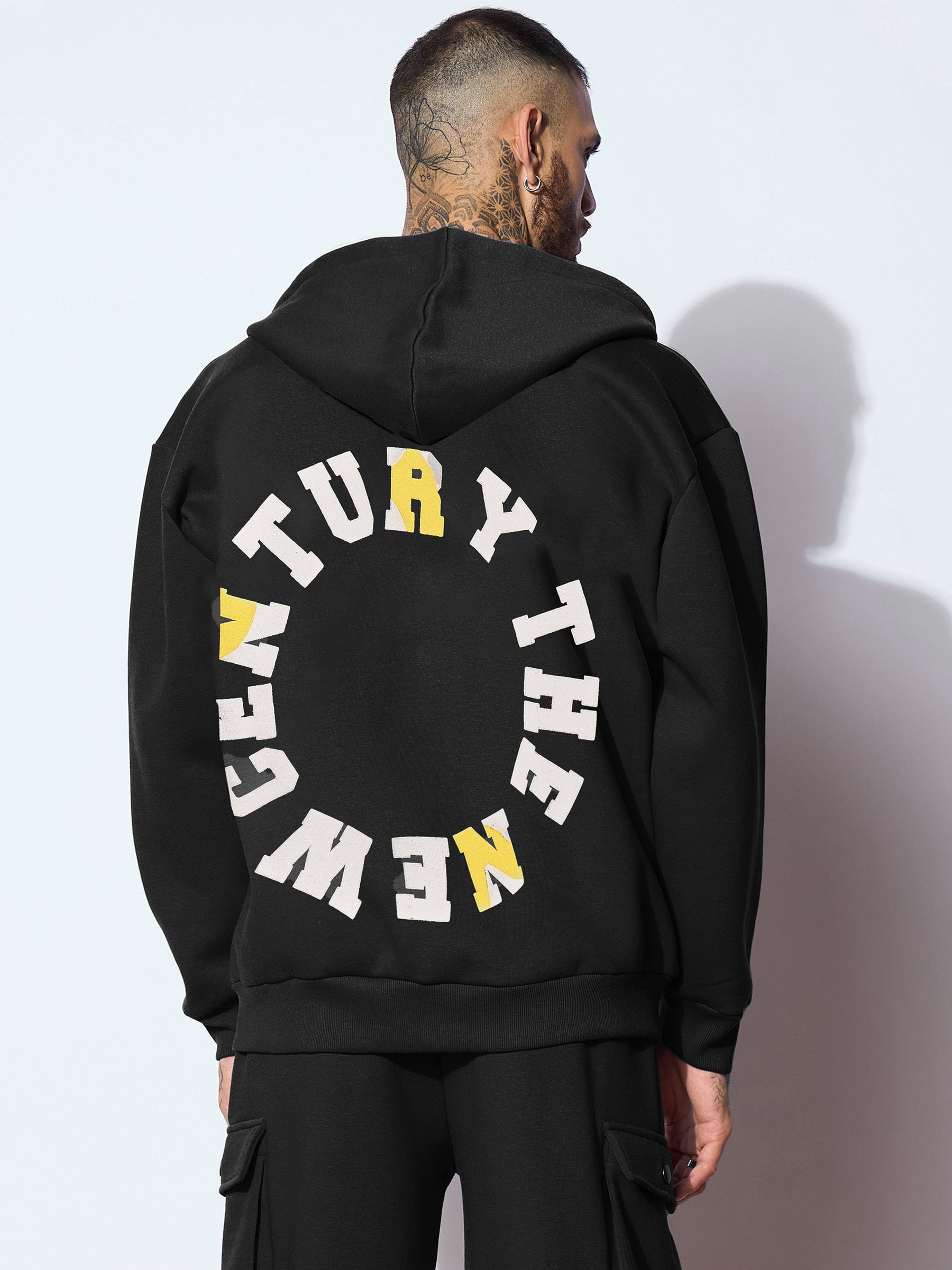 Black CENTURY Oversized Zipper Hoodie-MASCLN SASSAFRAS