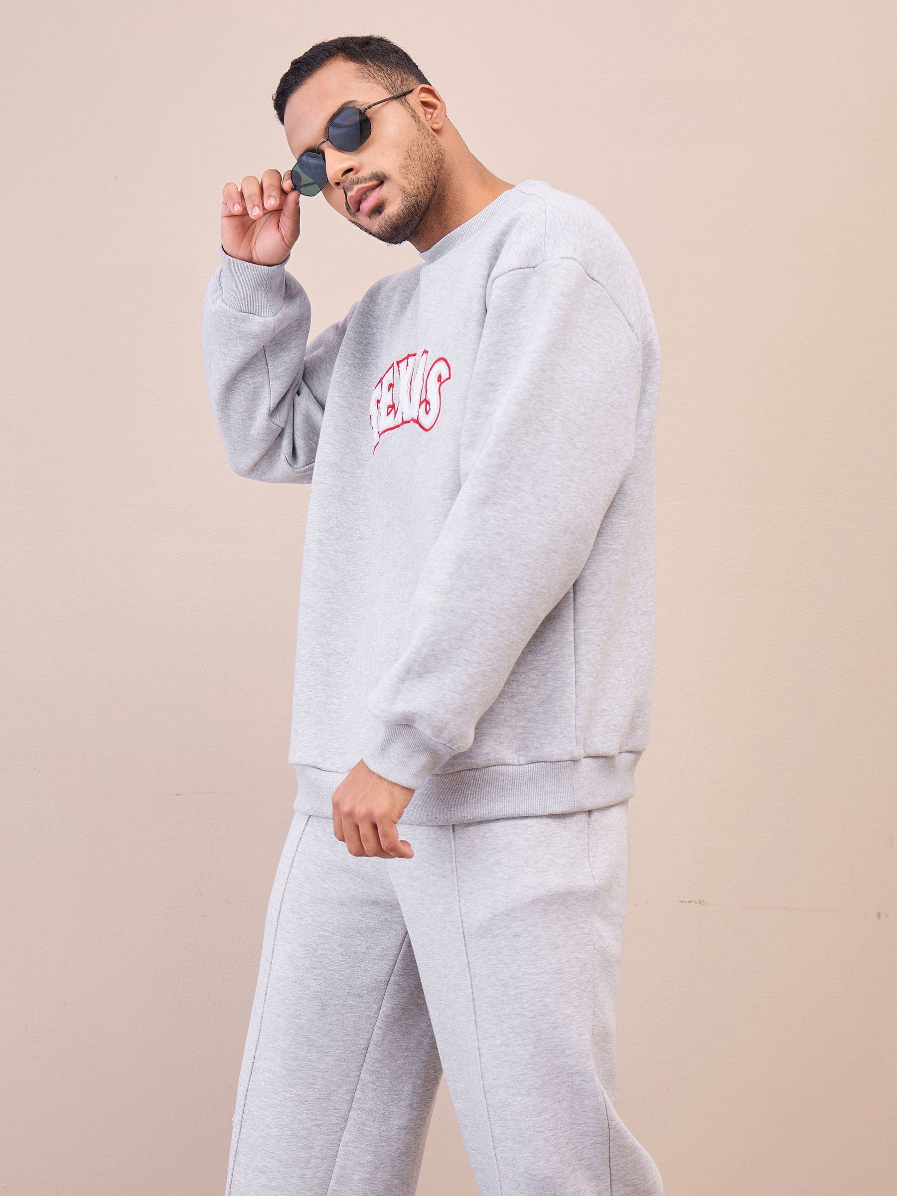 Grey TEXAS Embroidery Oversize Sweatshirt With Sweatpants-MASCLN SASSAFRAS