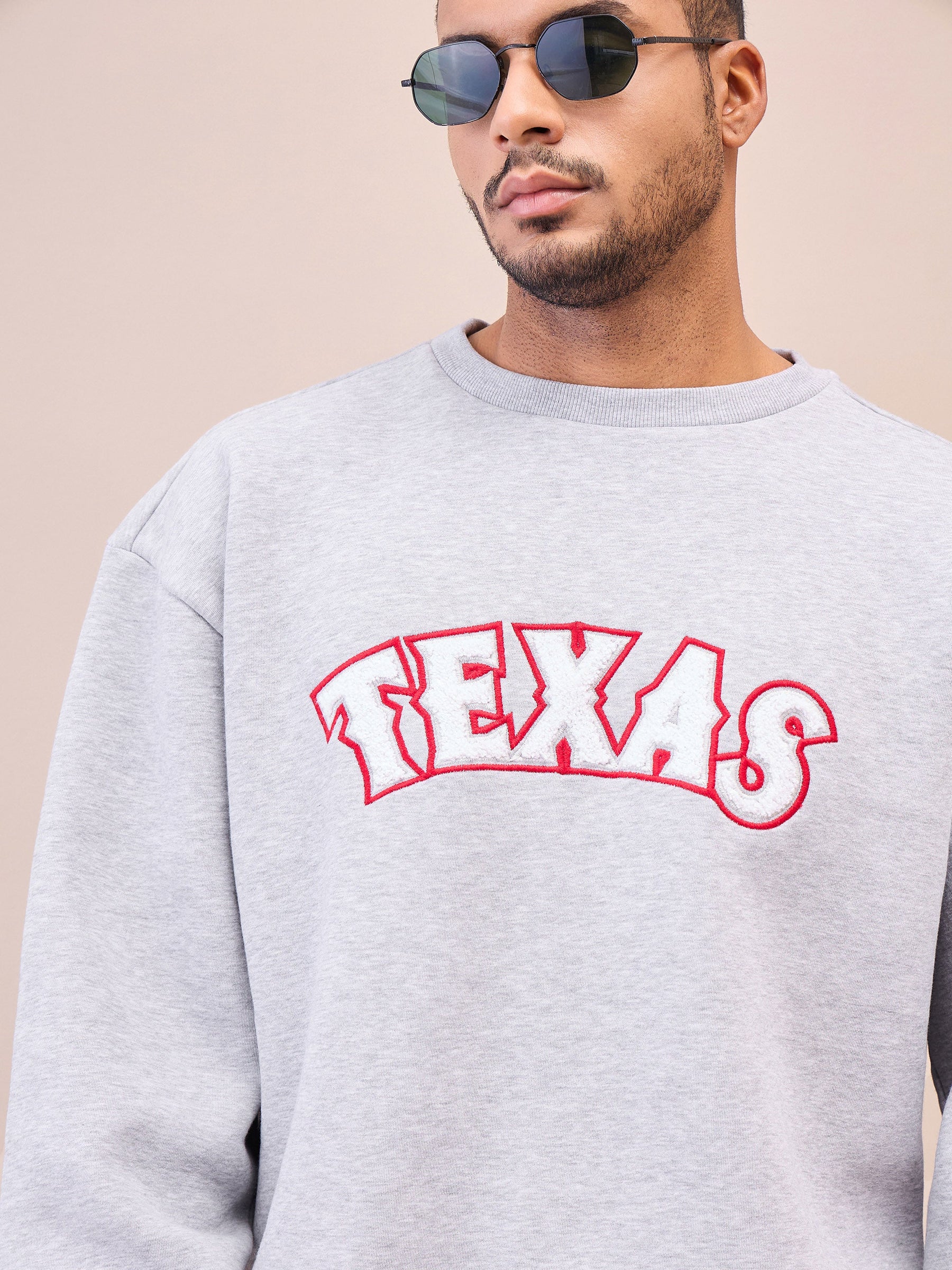 Grey TEXAS Embroidery Oversize Sweatshirt With Sweatpants-MASCLN SASSAFRAS