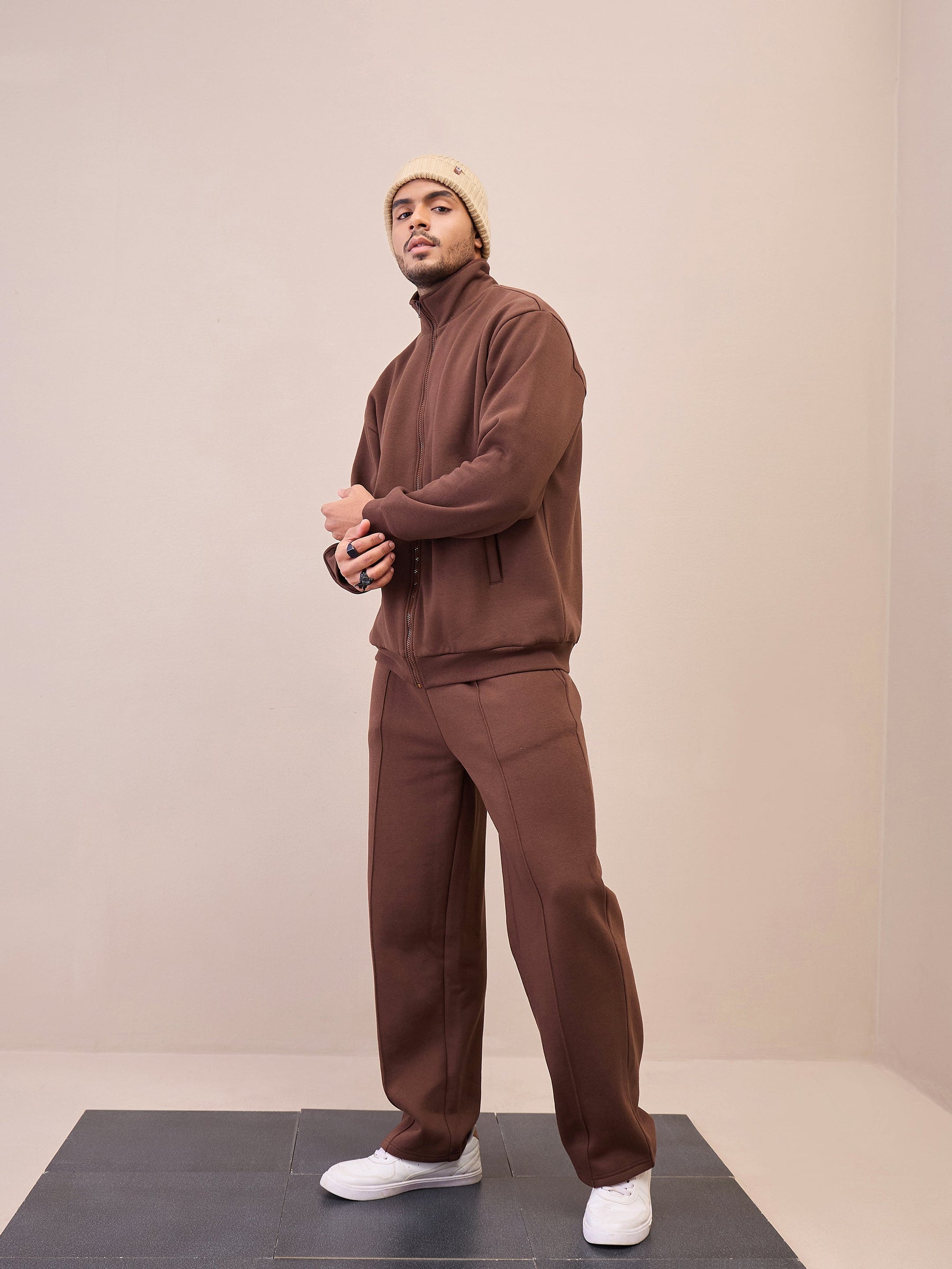 Dark Brown Front Zipper Oversize Sweatshirt With Sweatpants-MASCLN SASSAFRAS
