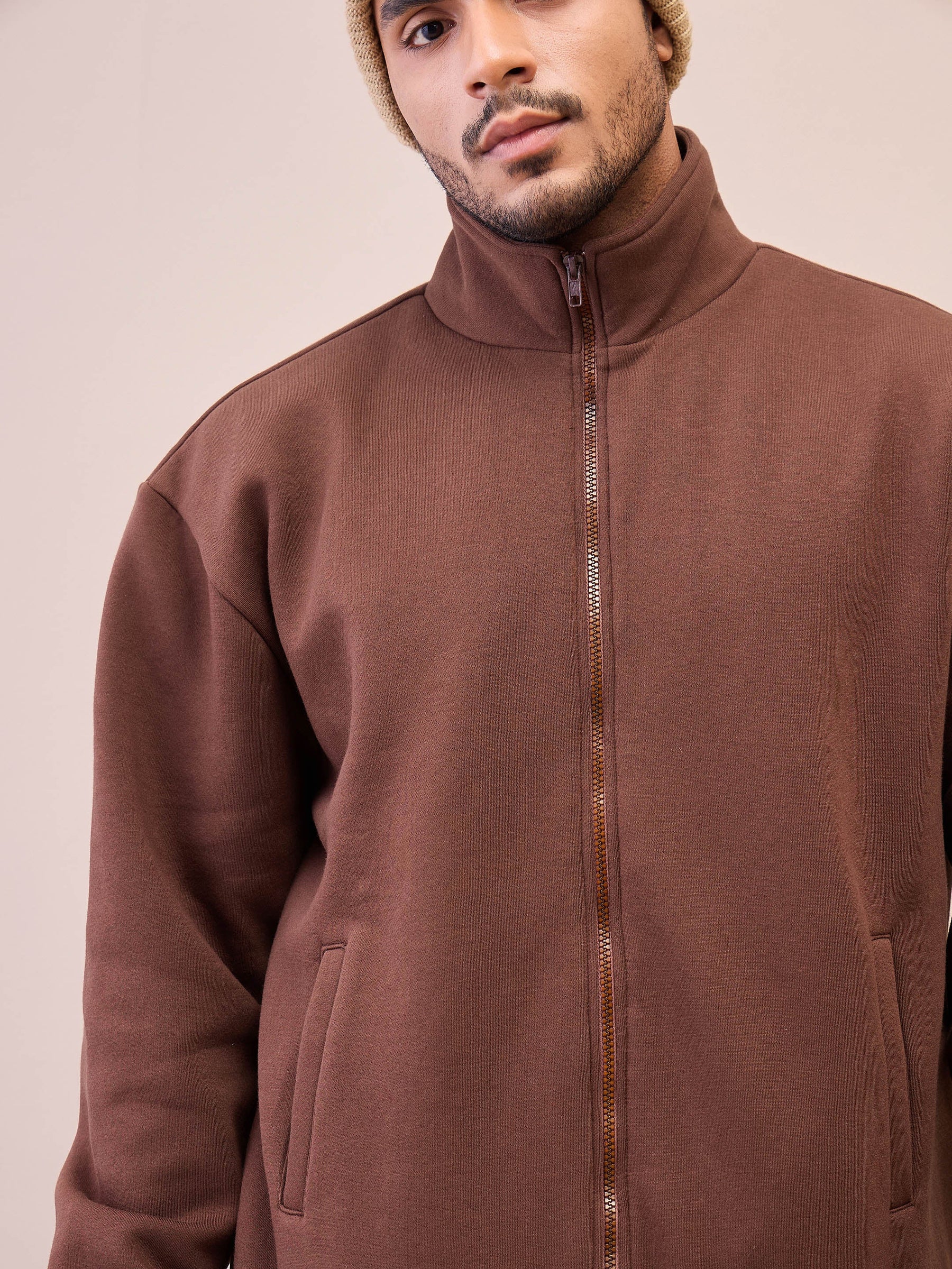 Dark Brown Front Zipper Oversize Sweatshirt With Sweatpants-MASCLN SASSAFRAS