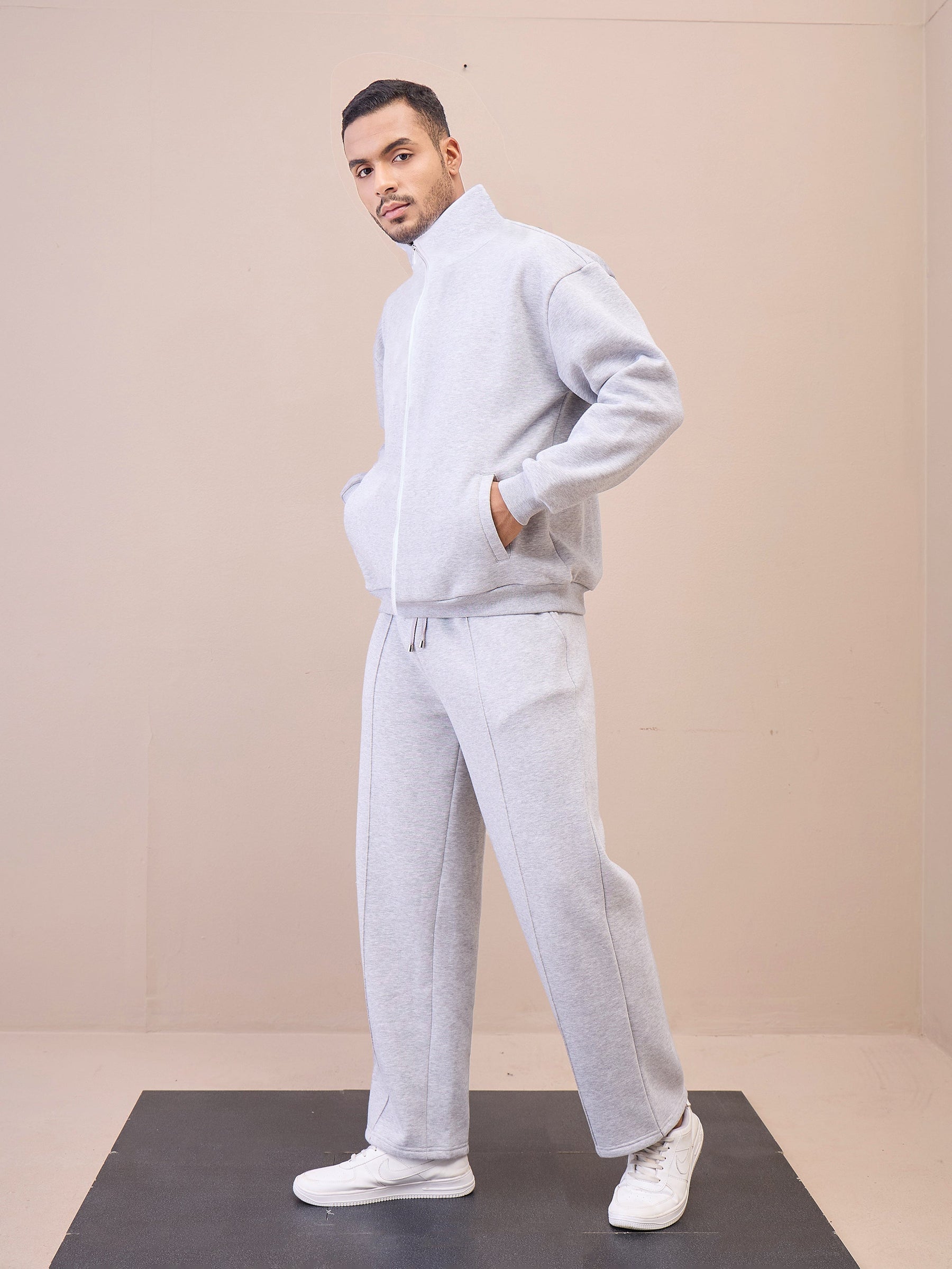 Grey Front Zipper Oversize Sweatshirt With Sweatpants-MASCLN SASSAFRAS