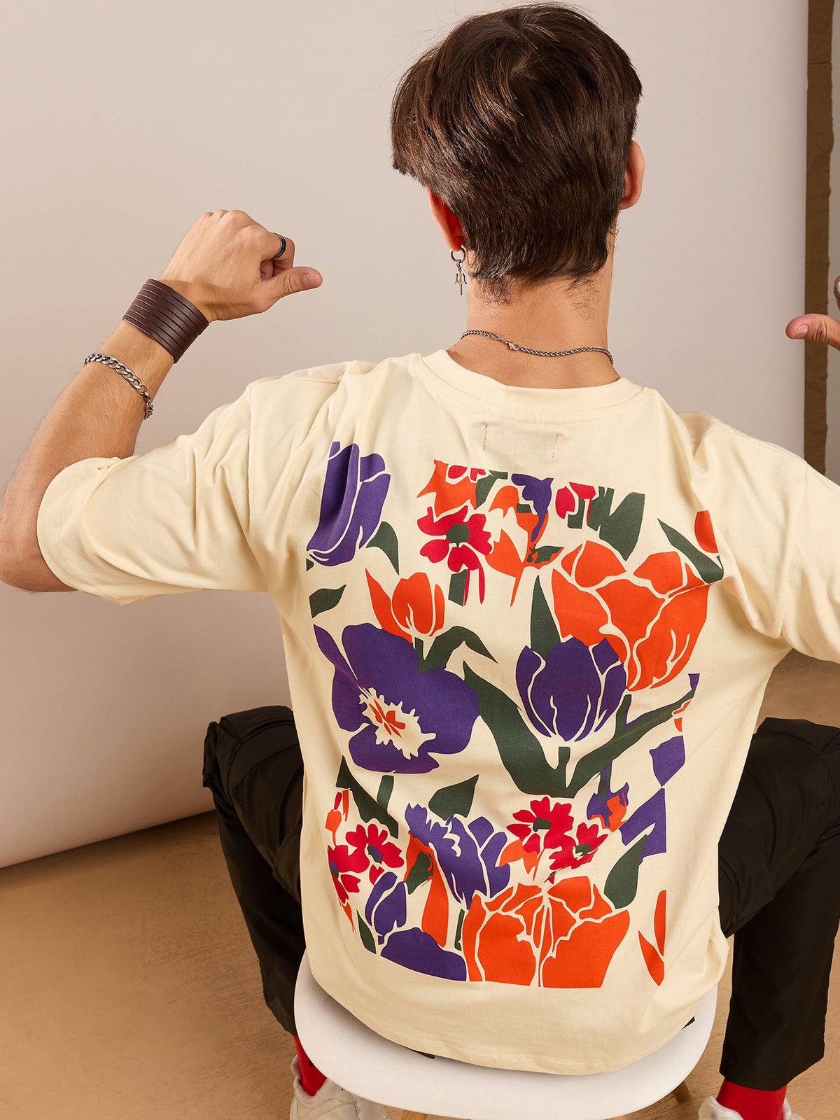 Unisex Beige Floral Back Print Oversized T-Shirt-MASCLN SASSAFRAS