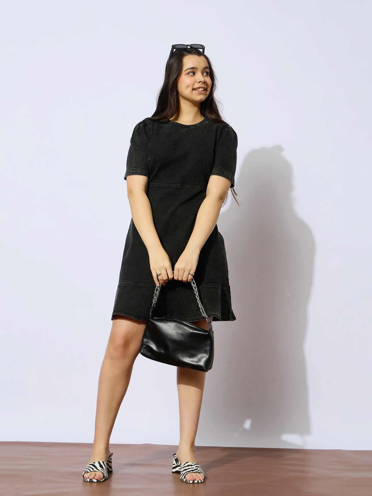 Black Wash Denim Flared Hem Short Dress-Noh.Voh