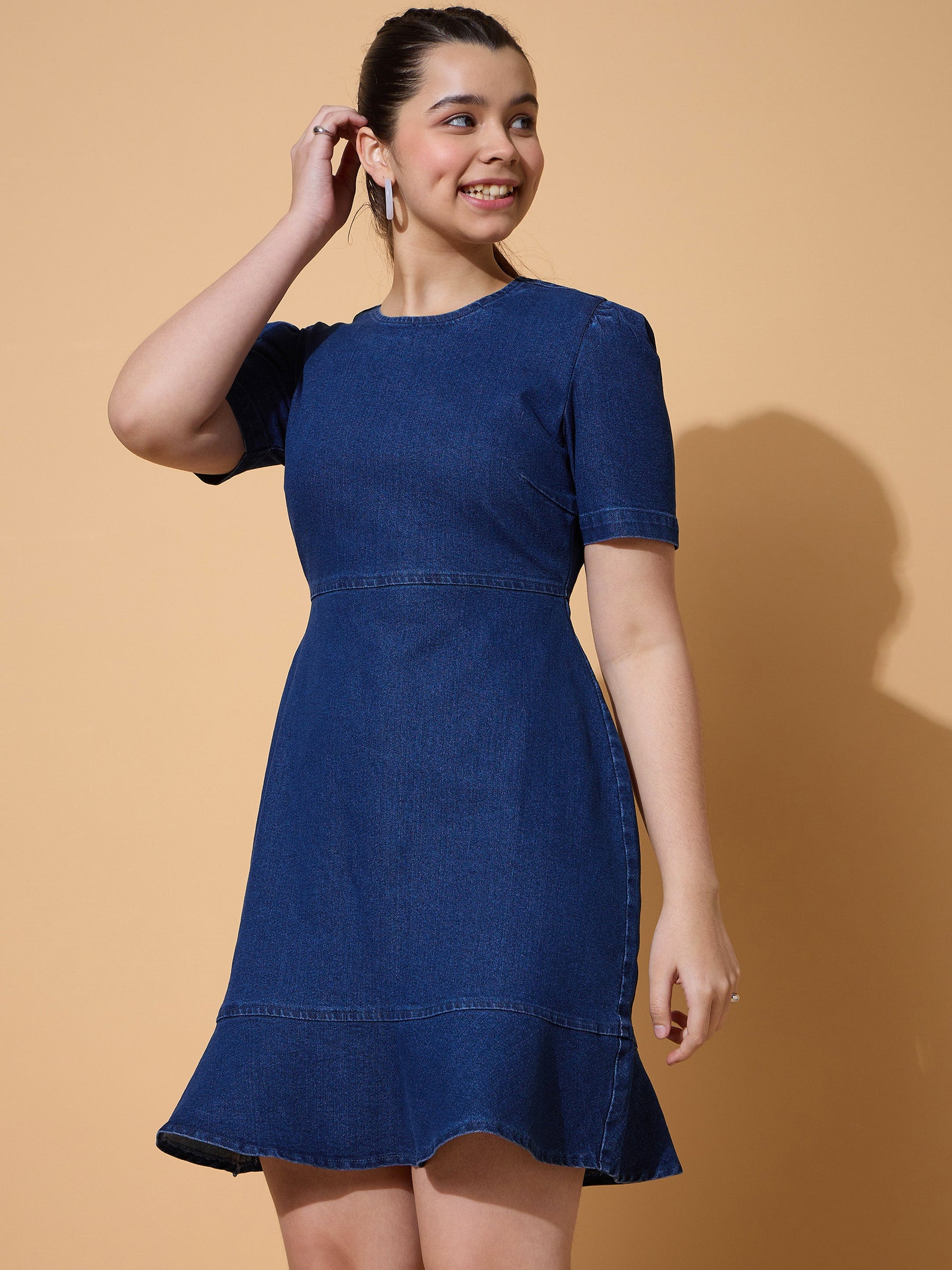 Navy Denim Flared Hem Short Dress-Noh.Voh