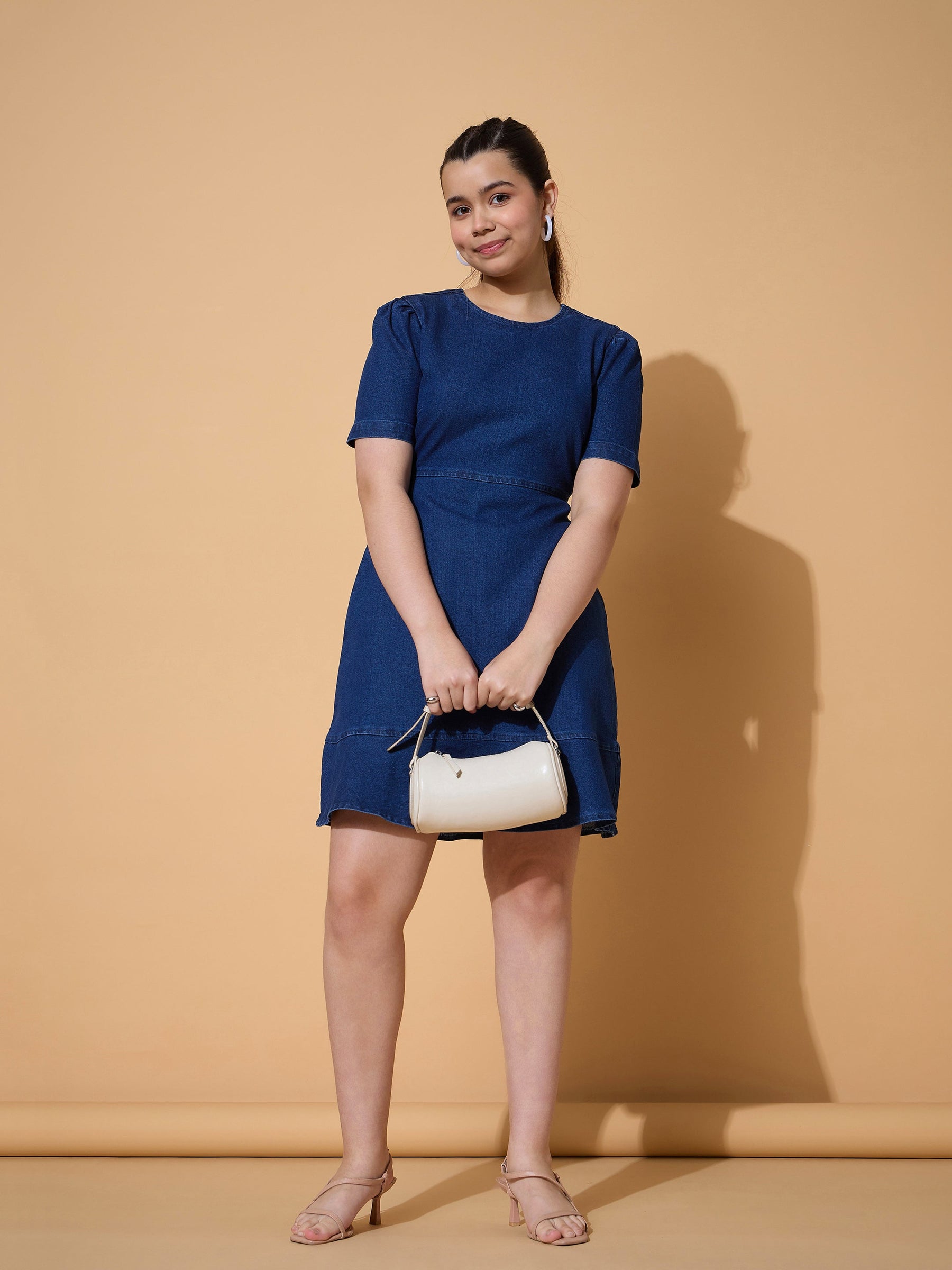 Navy Denim Flared Hem Short Dress-Noh.Voh