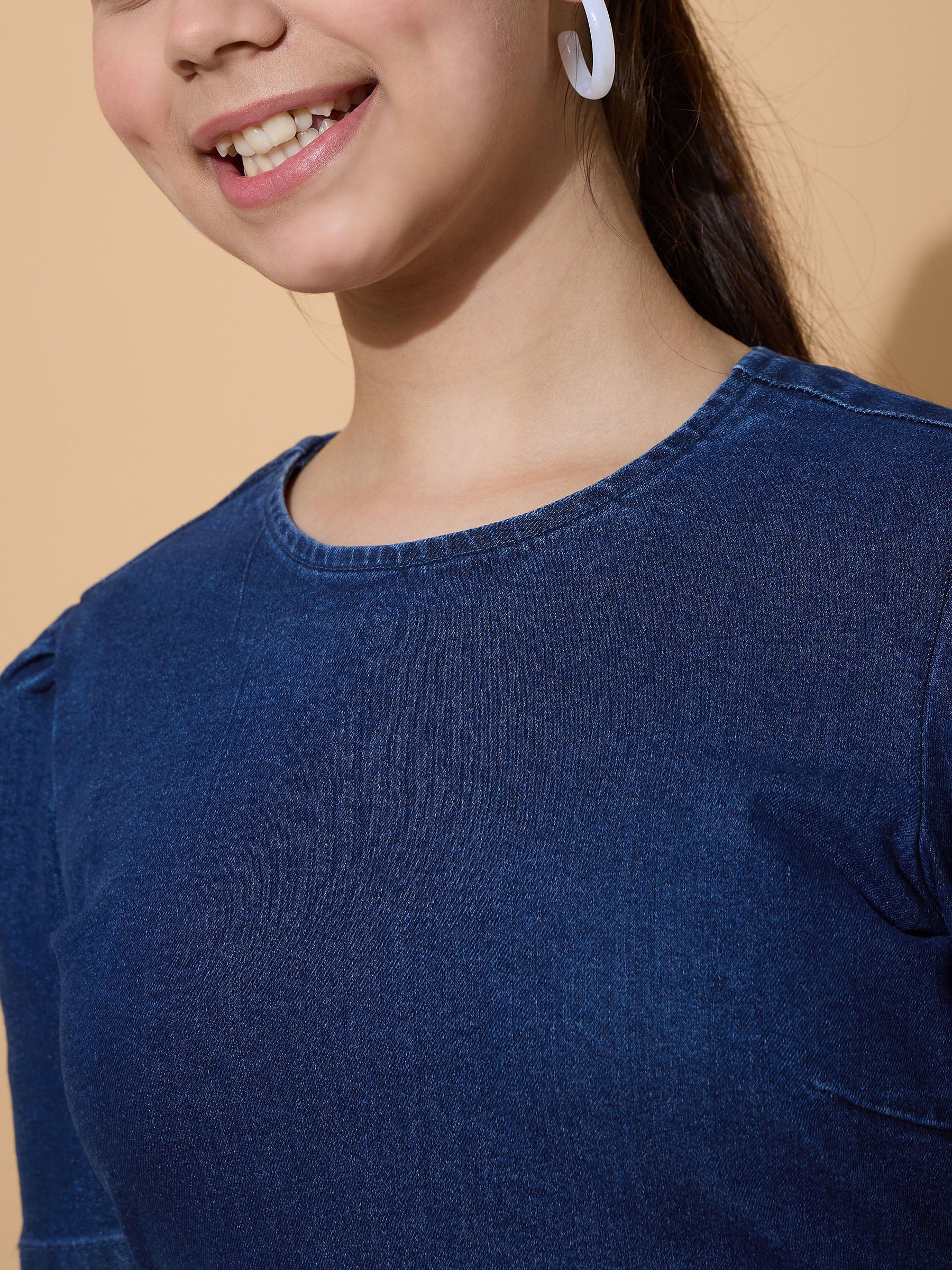 Navy Denim Flared Hem Short Dress-Noh.Voh