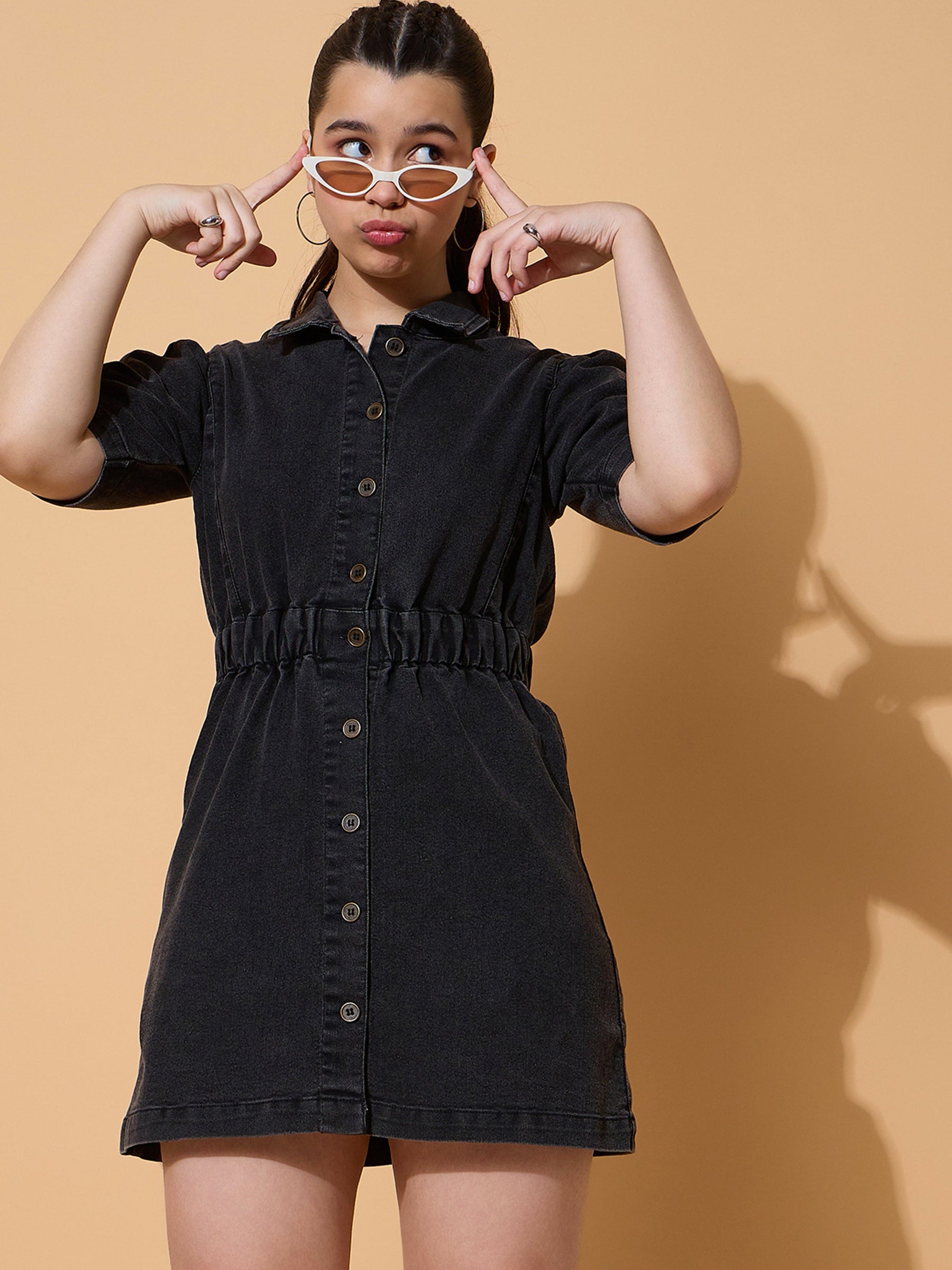 Black Wash Denim A Line Shirt Dress-Noh.Voh