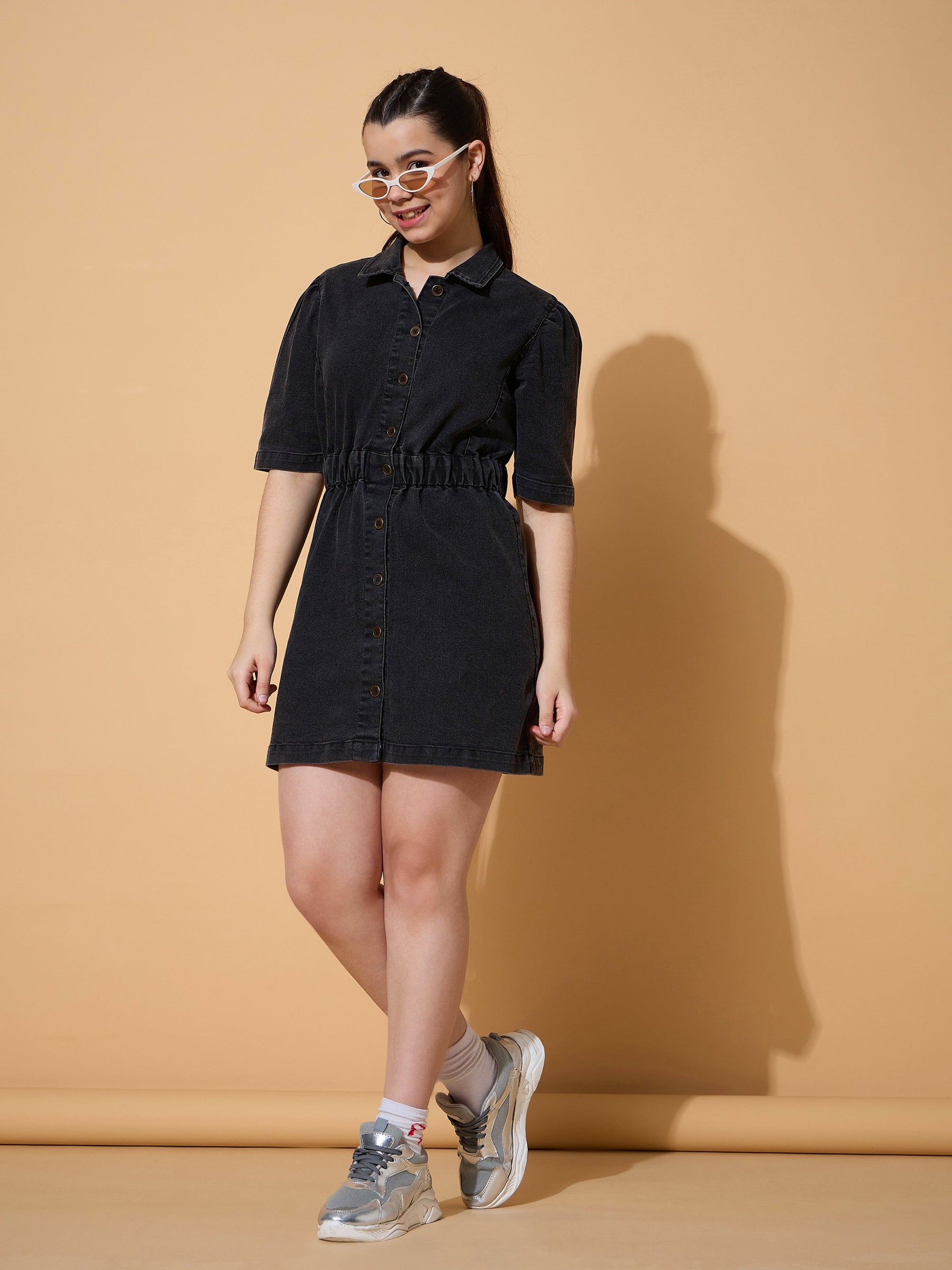 Black Wash Denim A Line Shirt Dress-Noh.Voh
