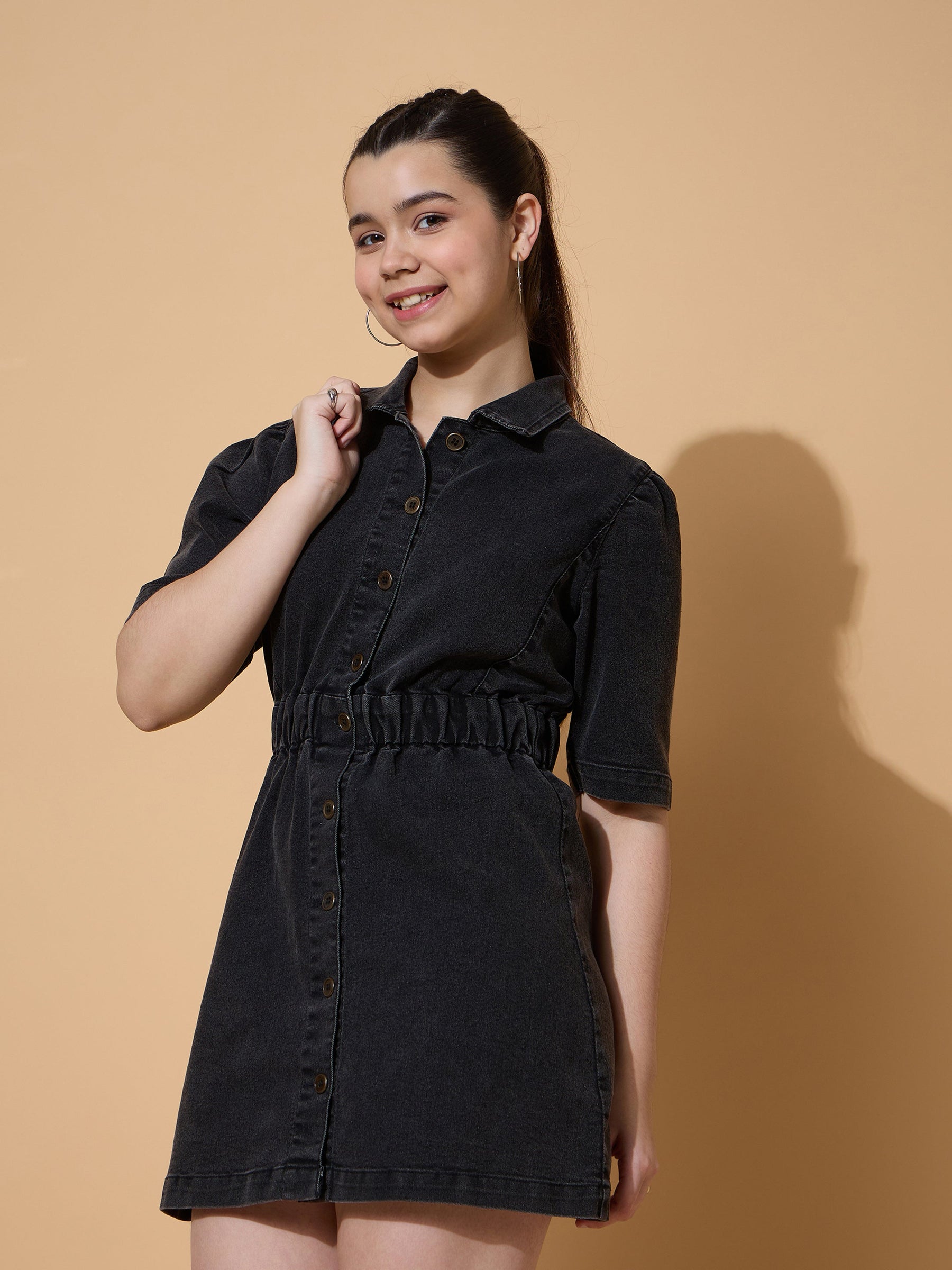 Black Wash Denim A Line Shirt Dress-Noh.Voh