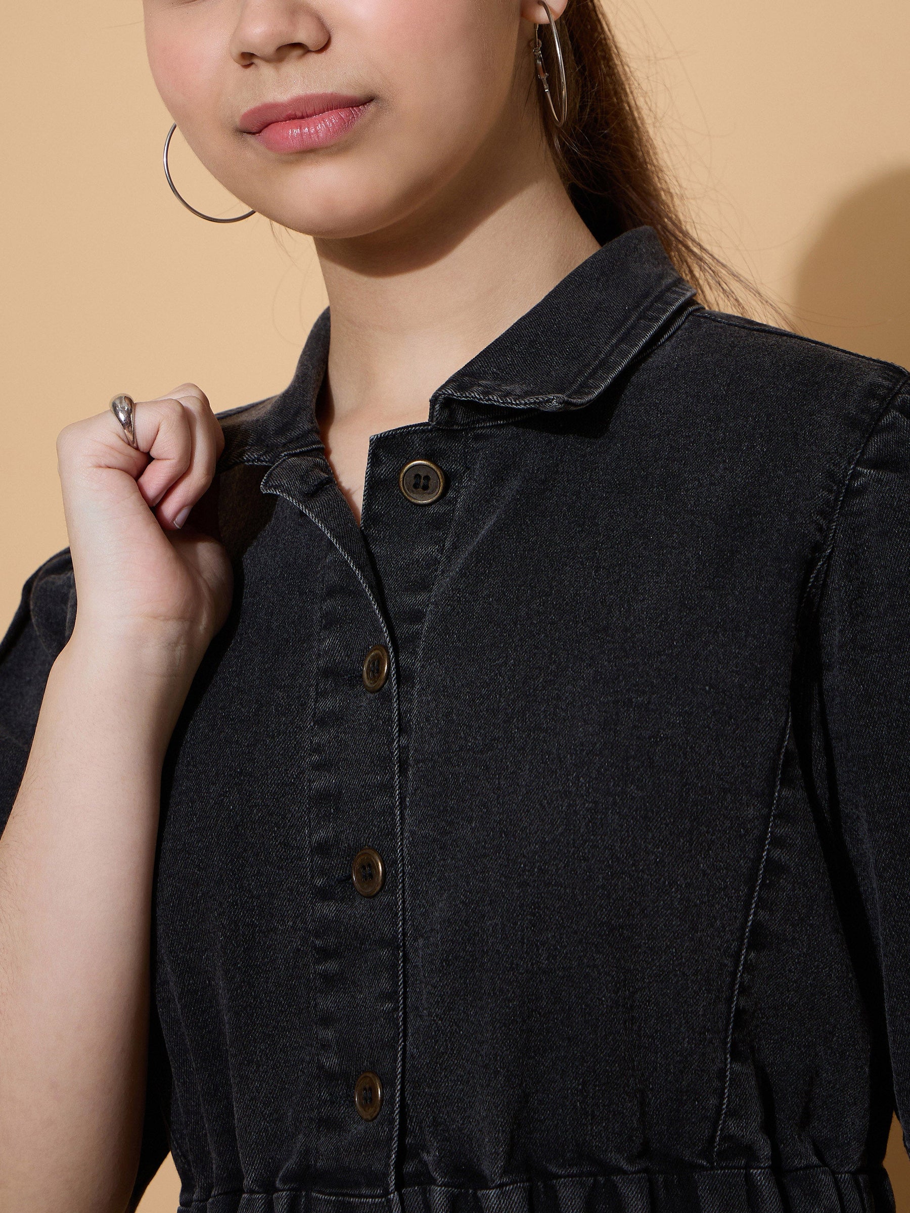 Black Wash Denim A Line Shirt Dress-Noh.Voh