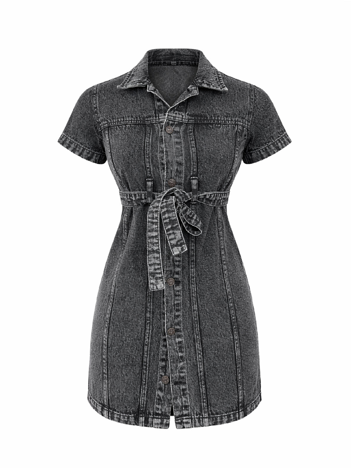 Black Blast Denim Belted Shirt Dress-Noh.Voh