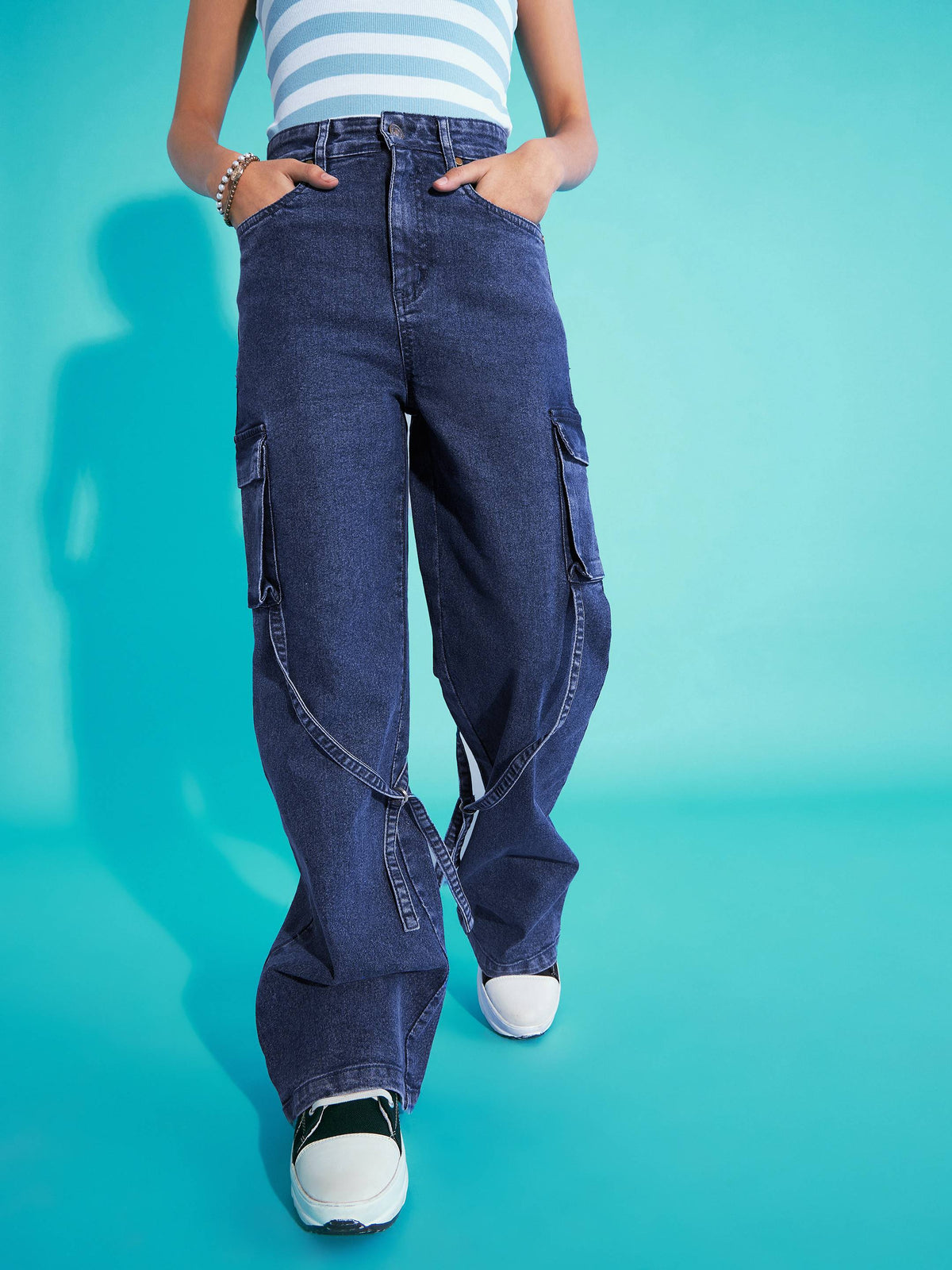 Blue Acid Wash Side Pocket Cargo Jeans-Noh.Voh