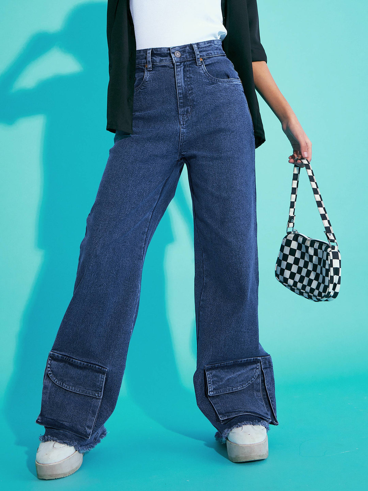 Blue Acid Wash Hem Pocket Straight Jeans -Noh.Voh