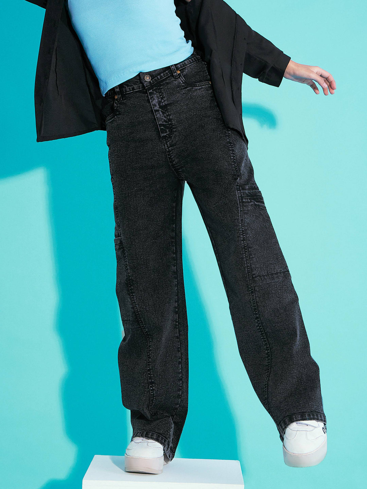 Black Acid Wash Side Pocket Wide Leg Jeans -Noh.Voh