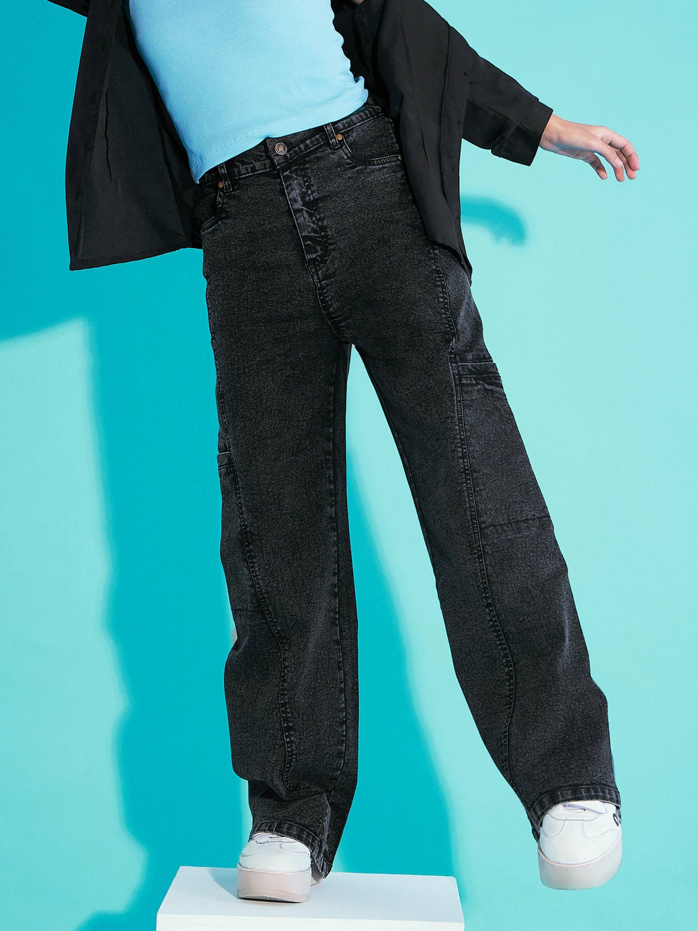 Black Acid Wash Side Pocket Wide Leg Jeans -Noh.Voh