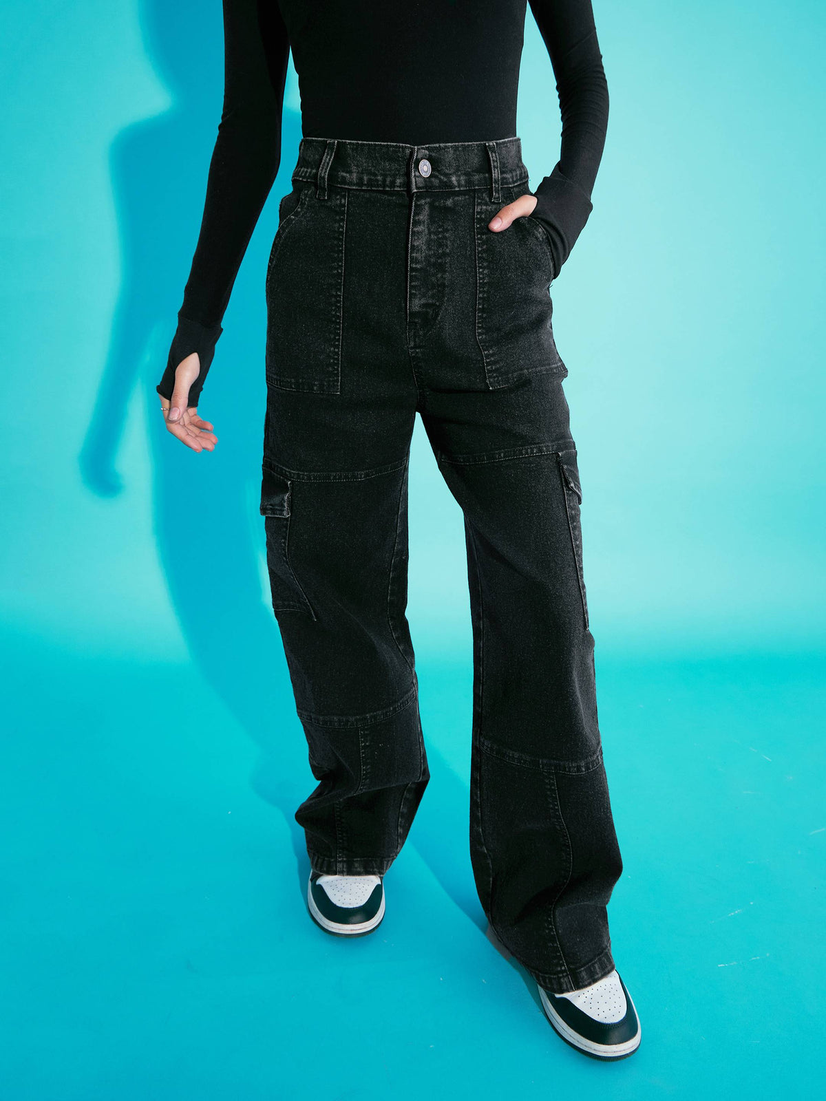 Black Acid Wash Front Seam Straight Jeans -Noh.Voh