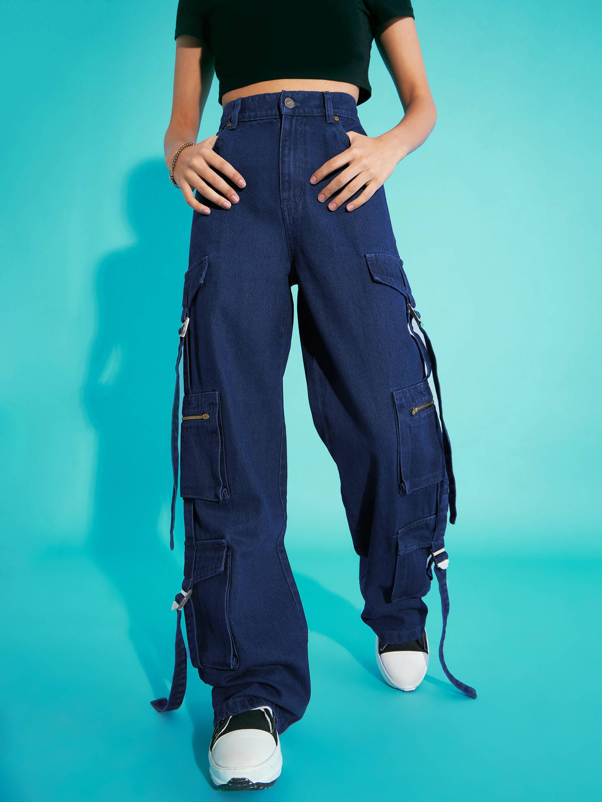 Navy Blue Acid Wash Side Tape Cargo Jeans-Noh.Voh