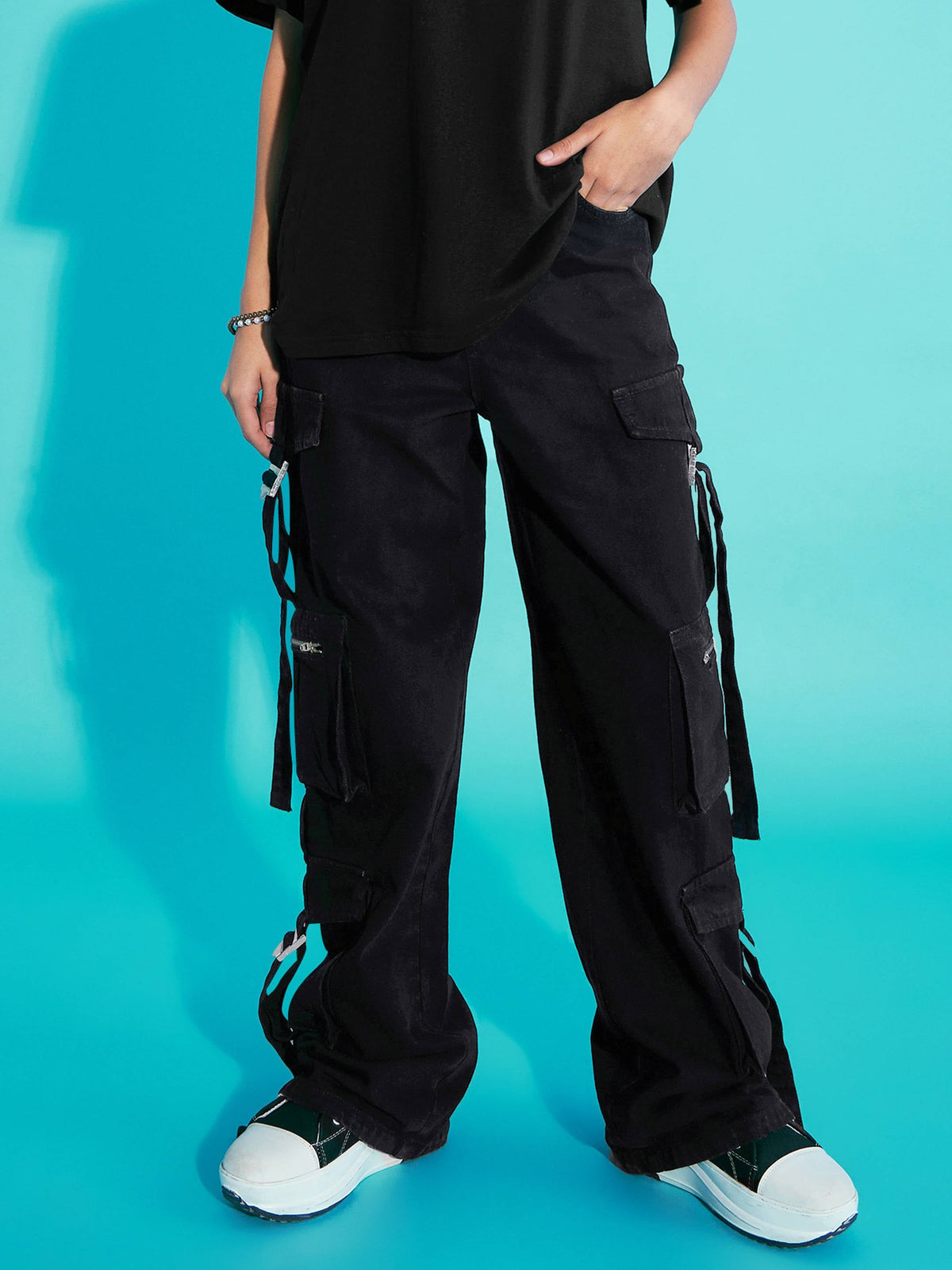 Black Acid Wash Side Tape Cargo Jeans-Noh.Voh