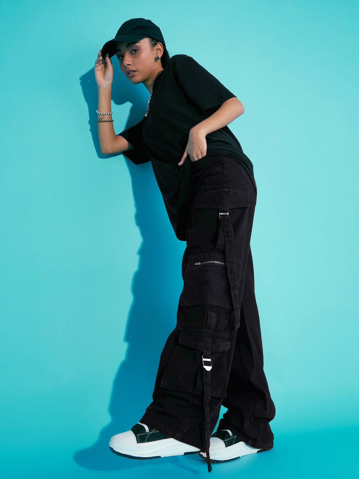 Black Acid Wash Side Tape Cargo Jeans-Noh.Voh