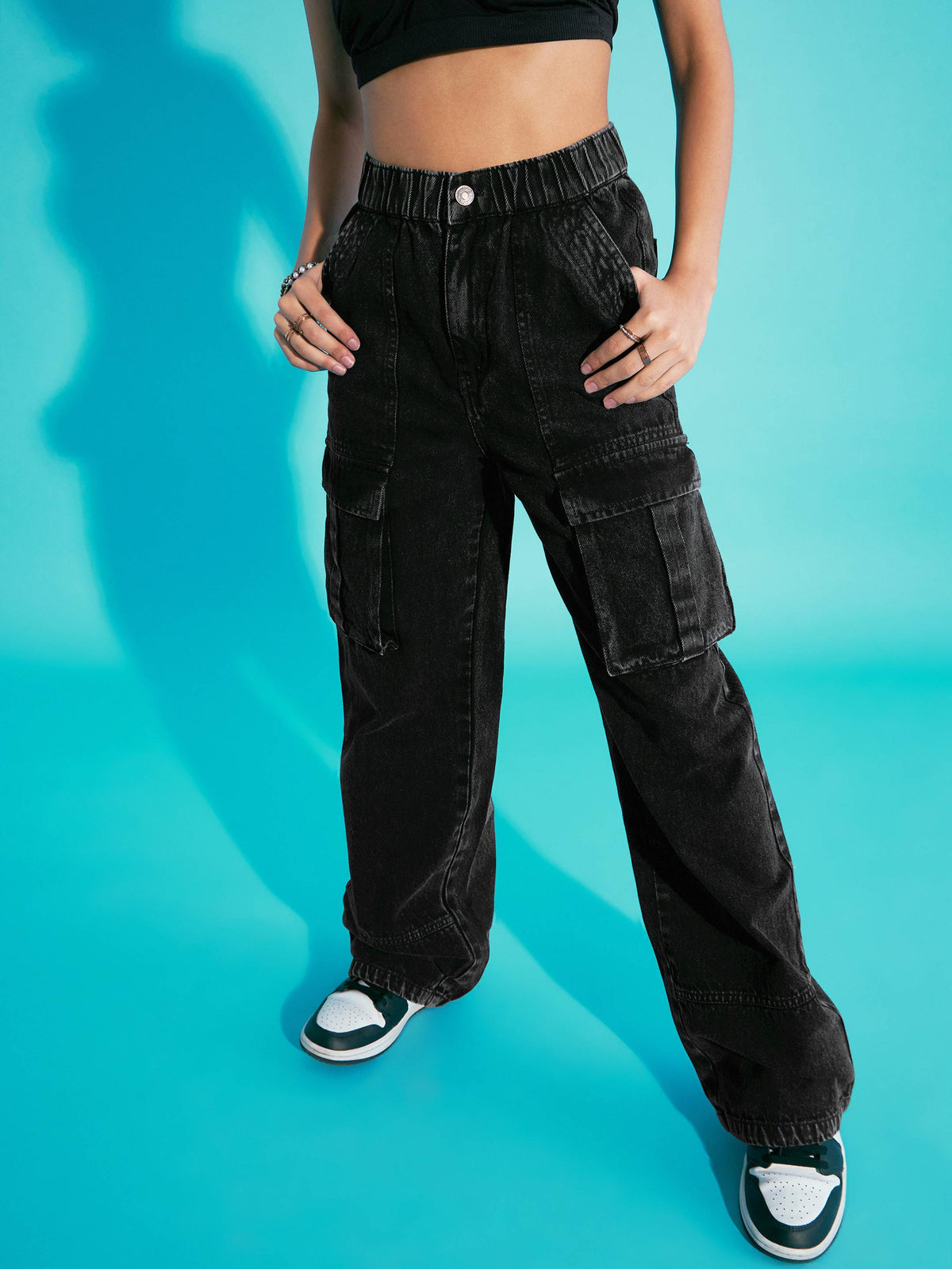 Black Acid Wash Elasticated Waist Cargo Jeans -Noh.Voh
