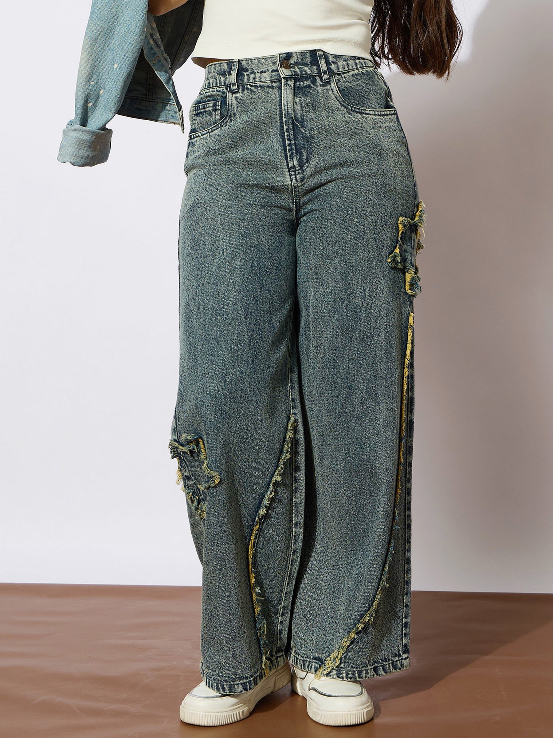 Yellow Wash Front Distressed Straight Jeans -Noh.Voh