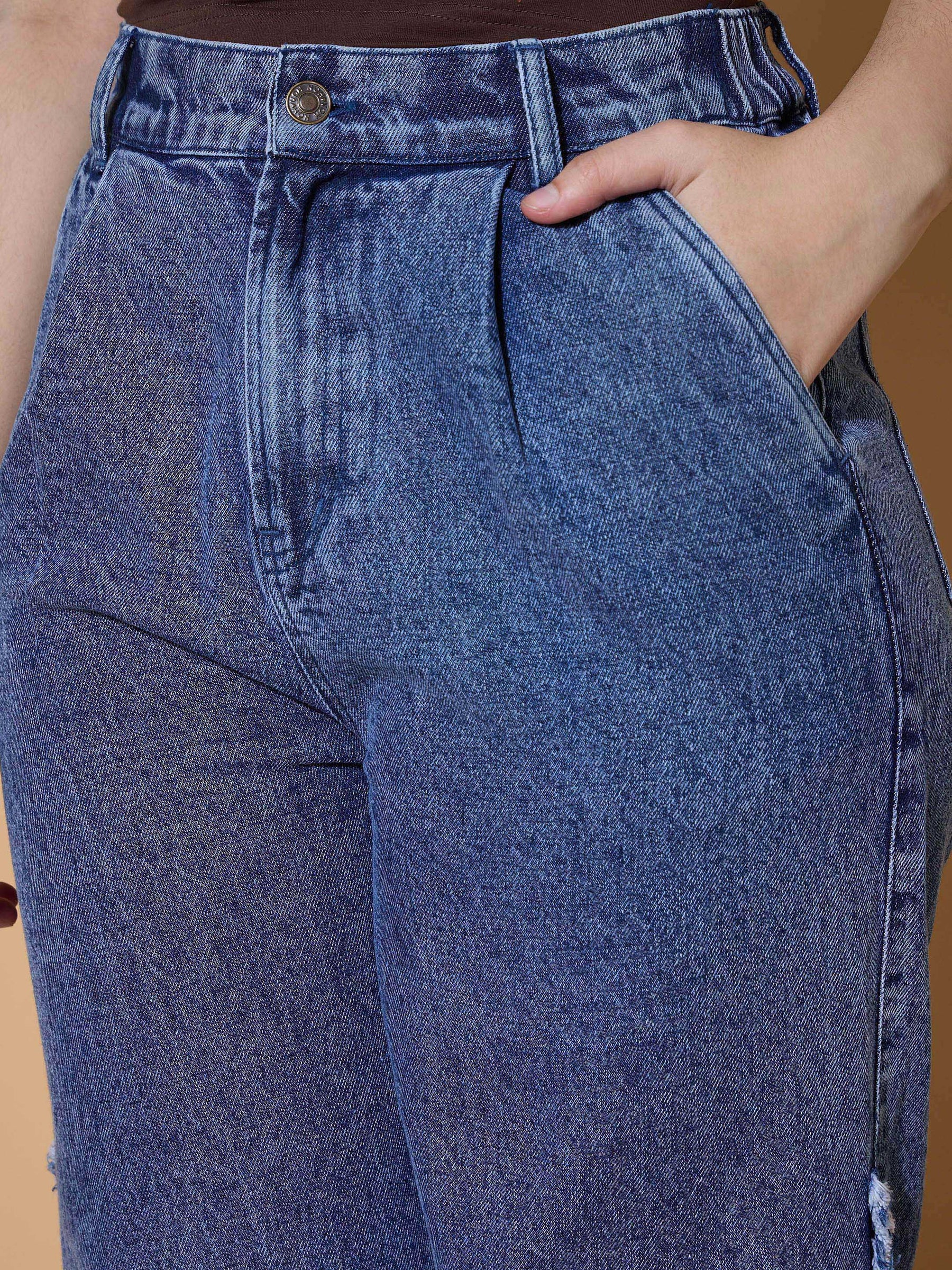 Blue Wash Side Distressed Straight Jeans -Noh.Voh