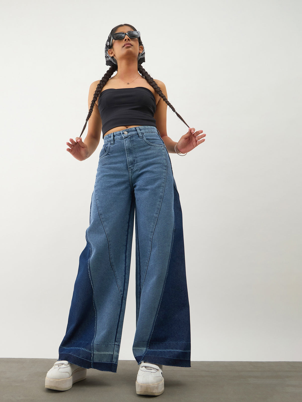 Blue Denim Color Block Wide Leg Jeans-Noh.Voh