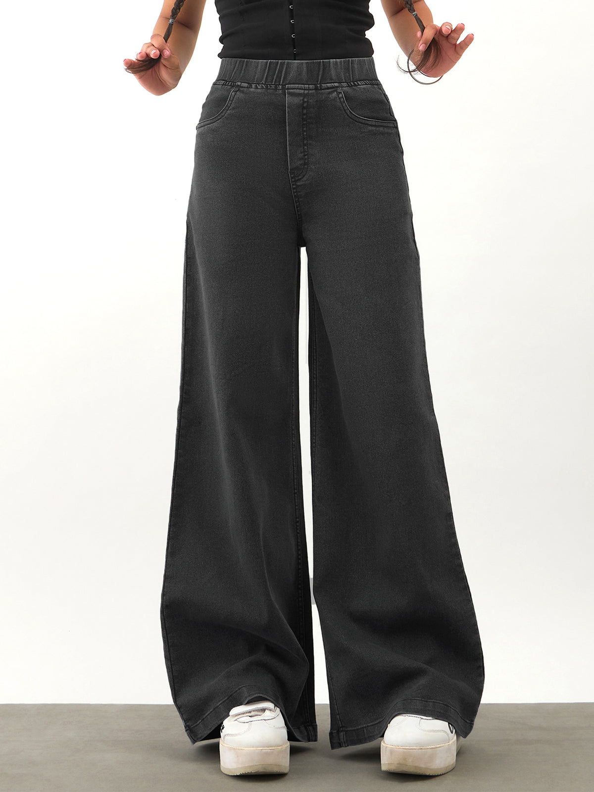 Black Washed Denim Elasticated Waistband Jeans -Noh.Voh