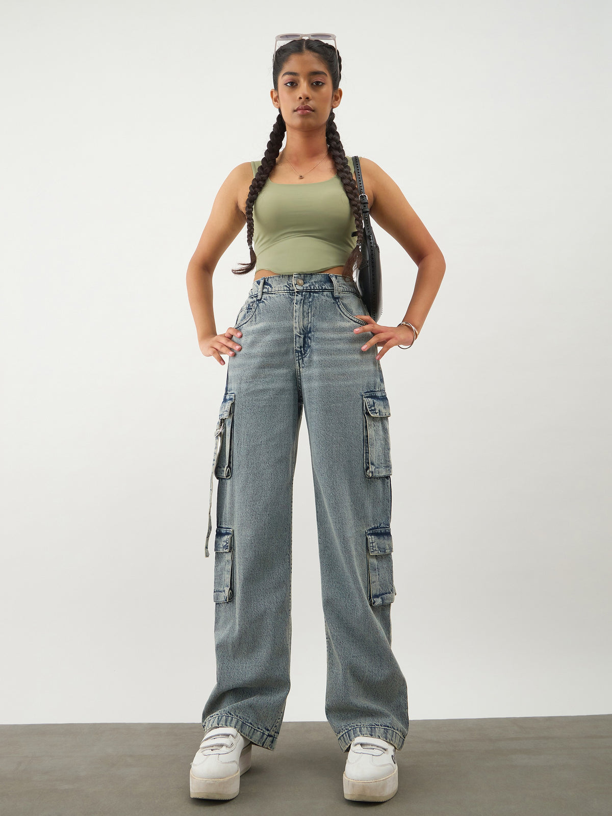 Blue Acid Wash Denim Cargo Jeans -Noh.Voh