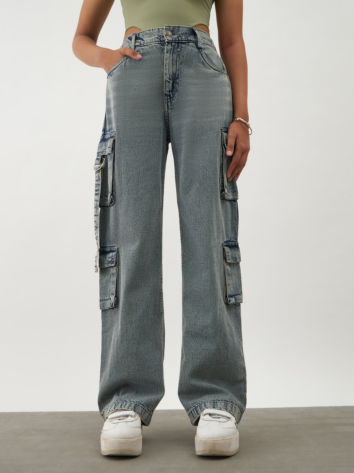 Blue Acid Wash Denim Cargo Jeans -Noh.Voh