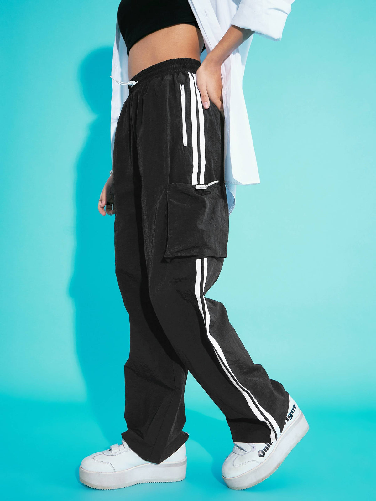 Black Contrast Side Tape Cargo Parachute Pants-Noh.Voh