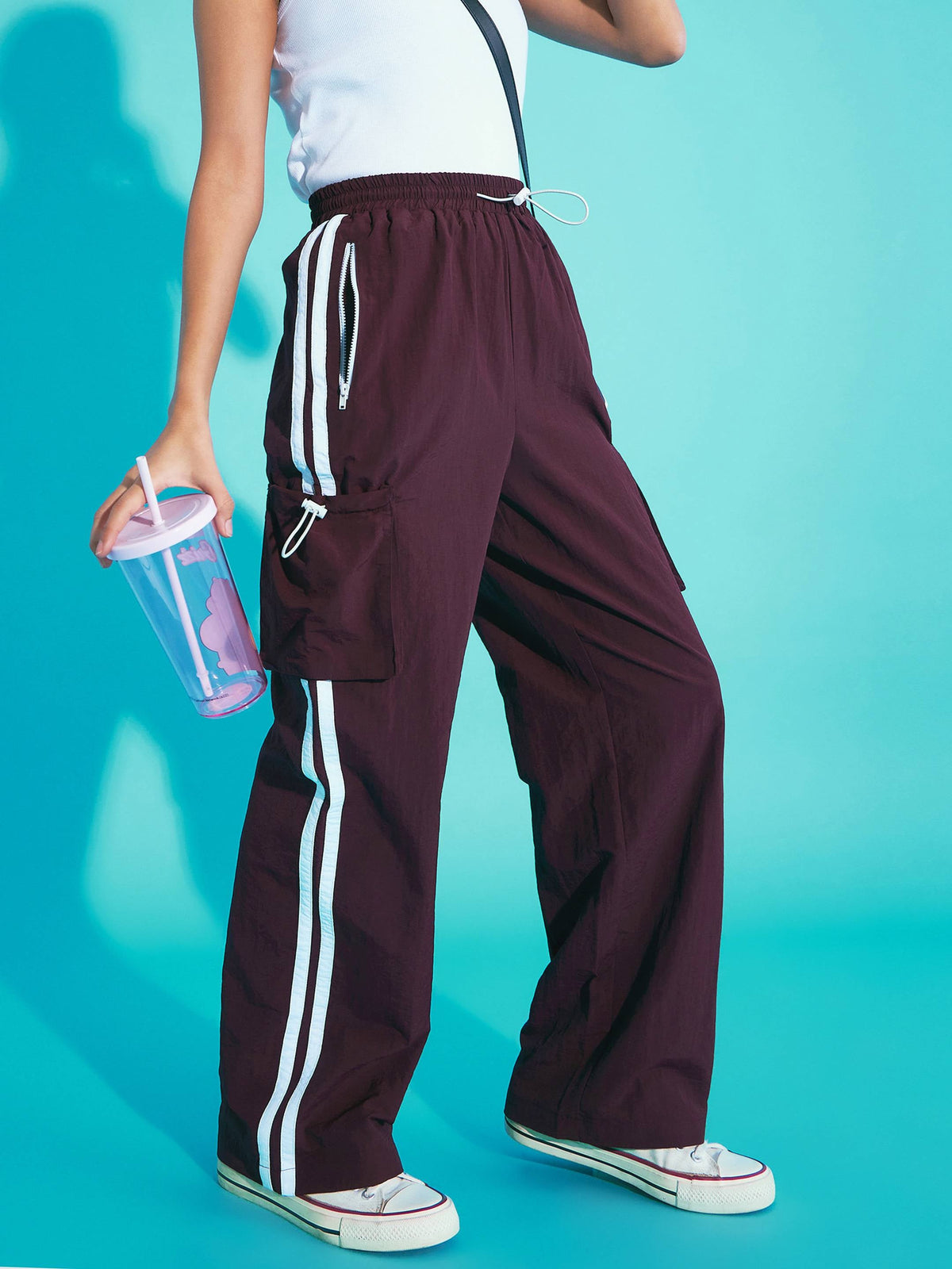 Maroon Contrast Side Tape Cargo Parachute Pants-Noh.Voh