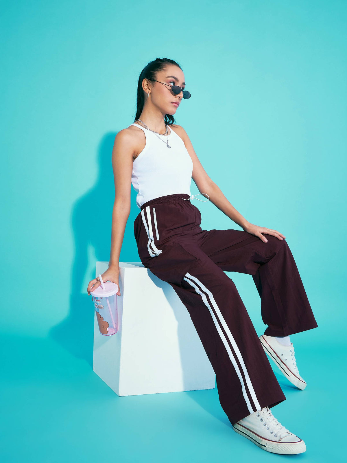 Maroon Contrast Side Tape Cargo Parachute Pants-Noh.Voh