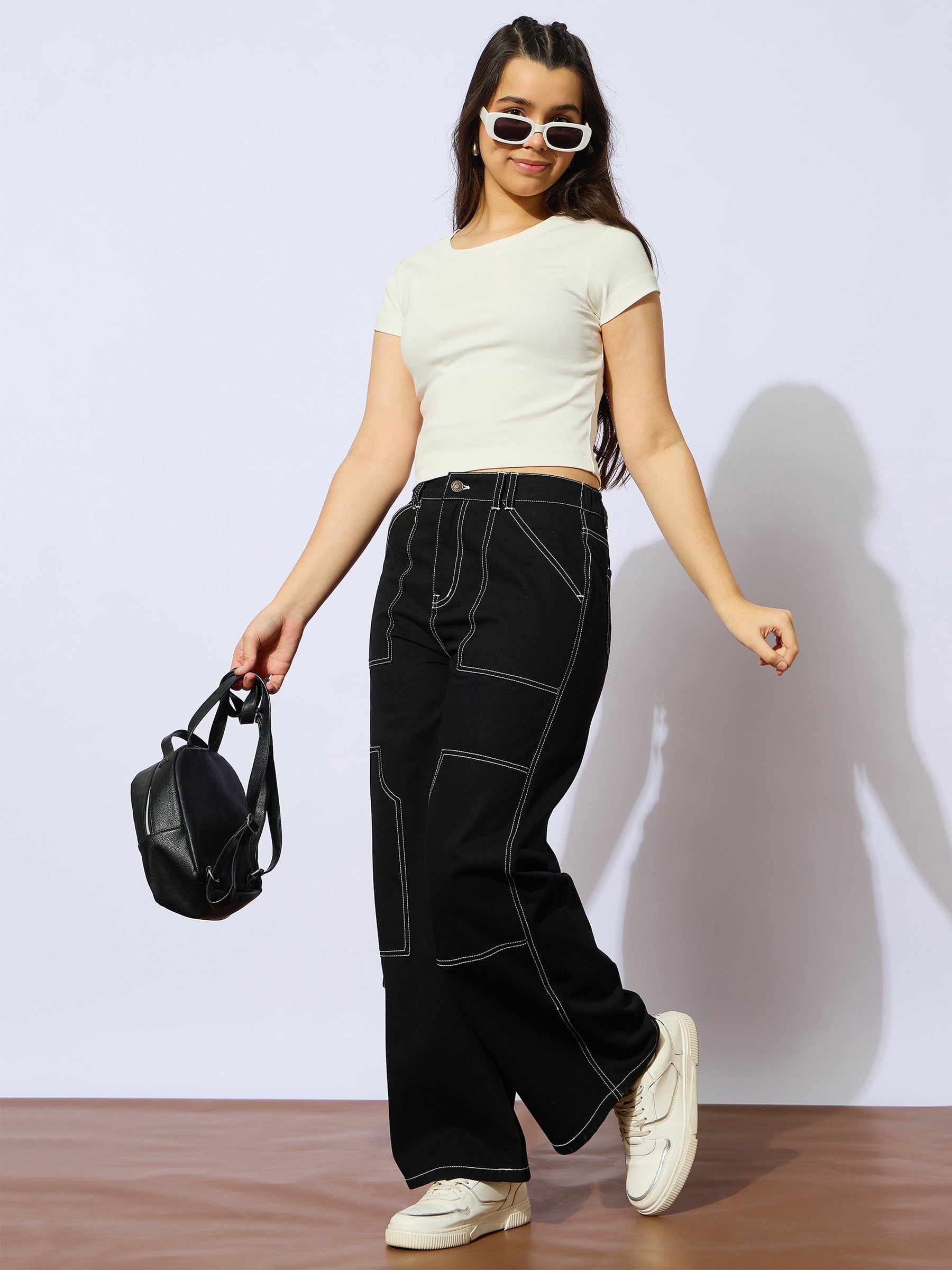 Black Twill White Contrast Thread Straight Pants -Noh.Voh