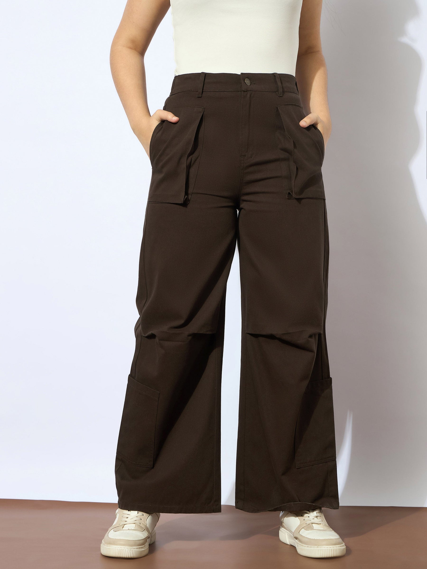 Dark Brown Twill Multi Pocket Straight Pants-Noh.Voh