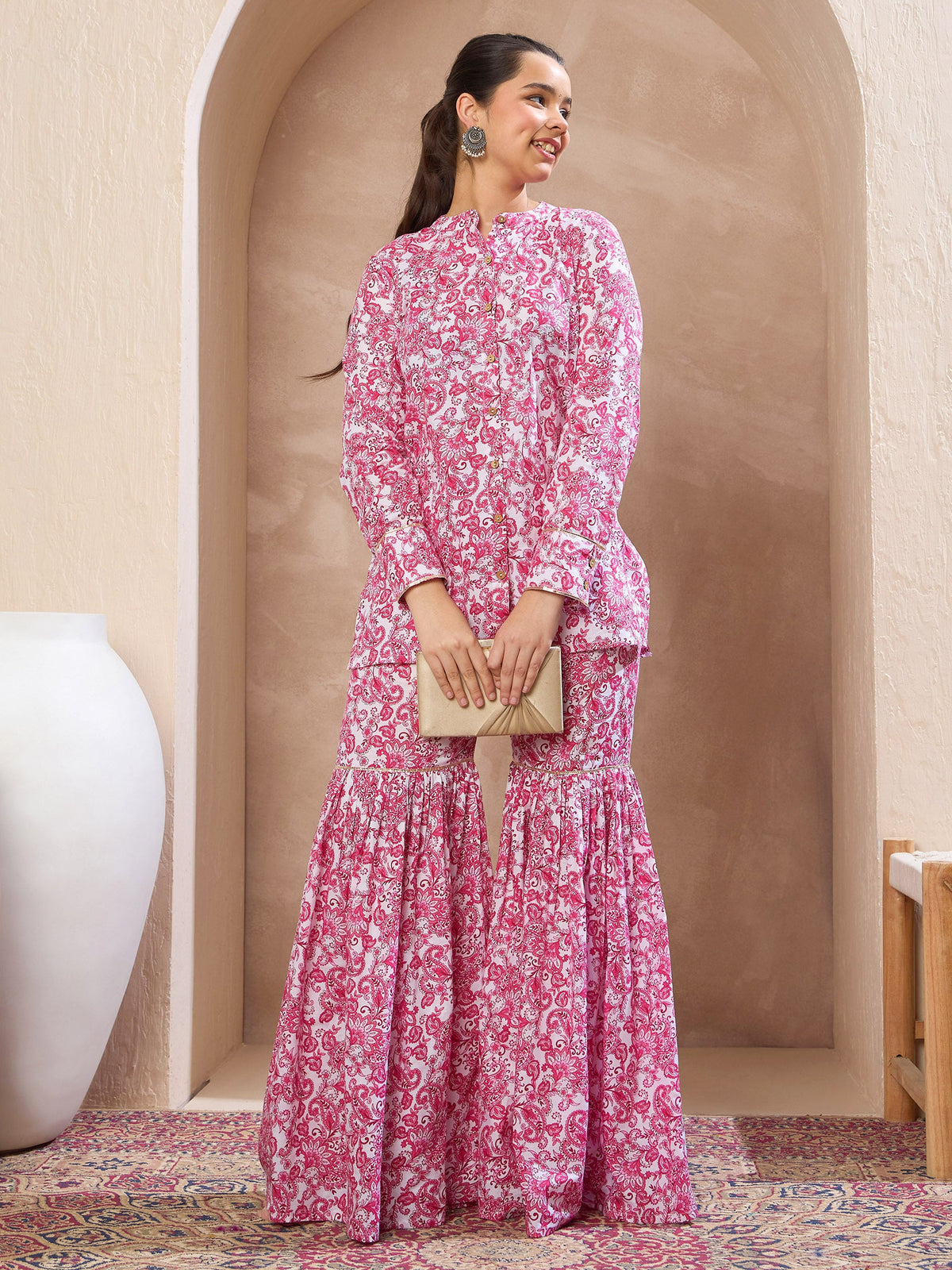 Pink & White Floral Button Top With Sharara Pants-Noh.Voh
