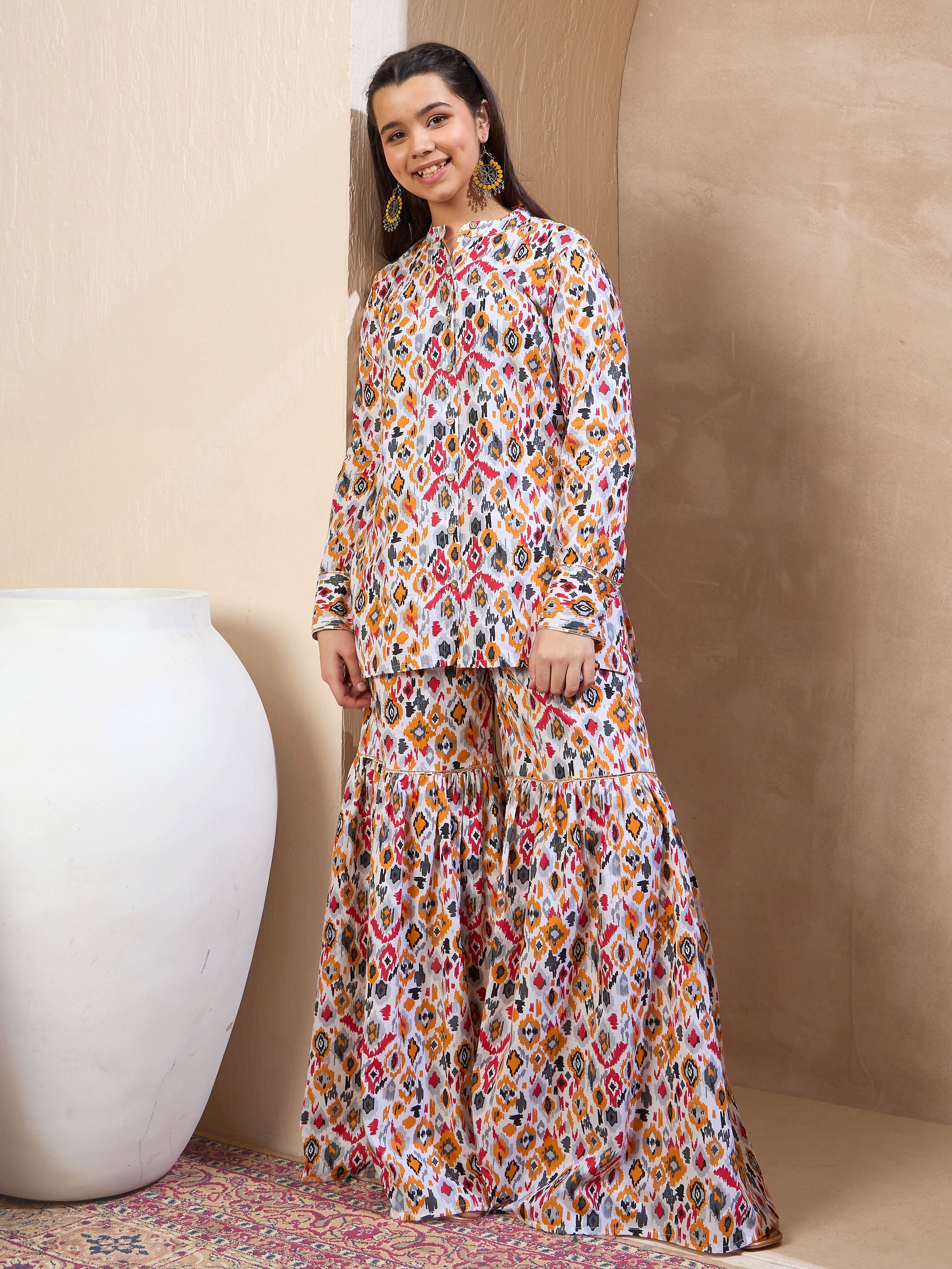 Girls Pink & White Floral Button Top With Sharara Pants
